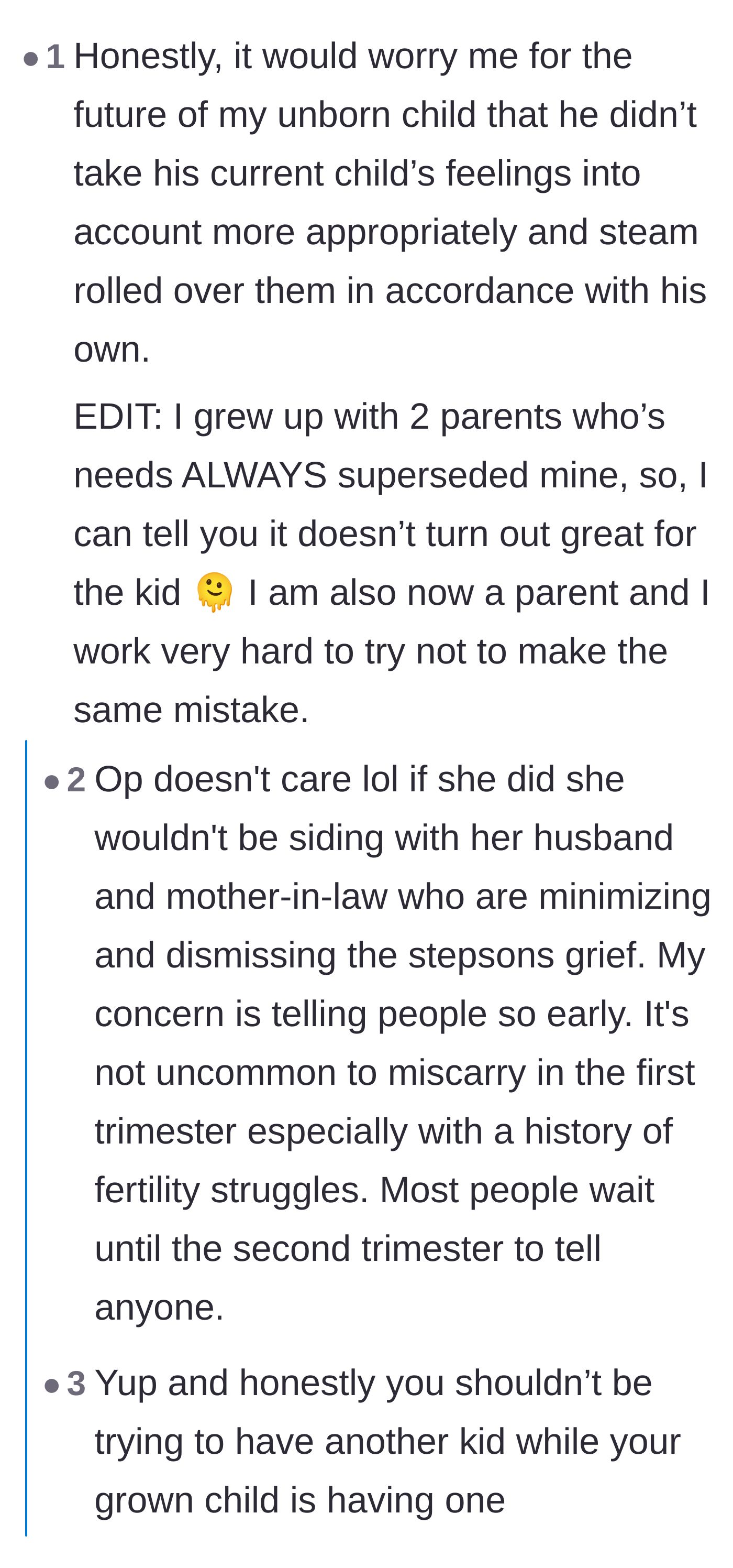 Comment thread 3 - Expressing concern over the father steamrolling his adult child's emotional needs.