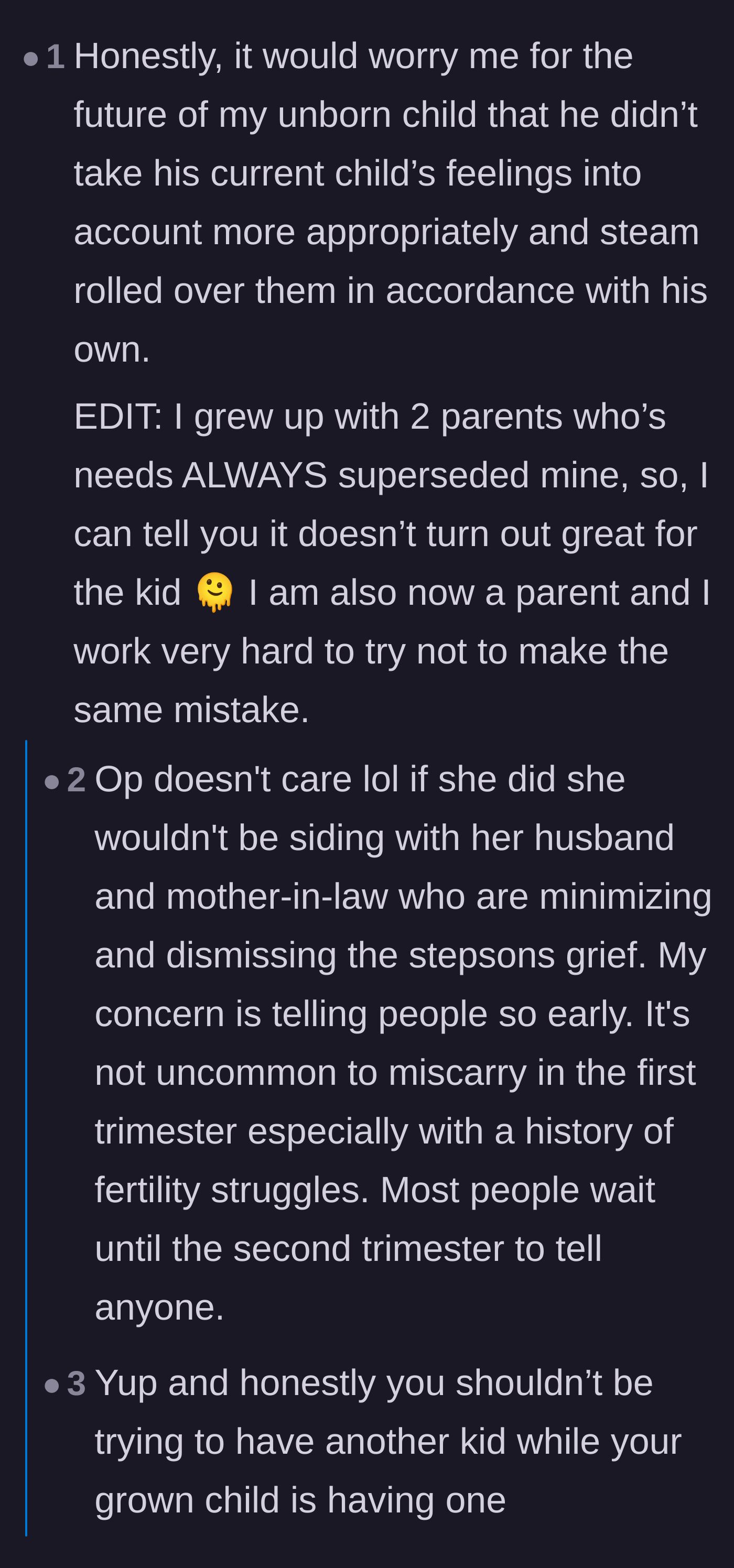 Comment thread 3 - Expressing concern over the father steamrolling his adult child's emotional needs.
