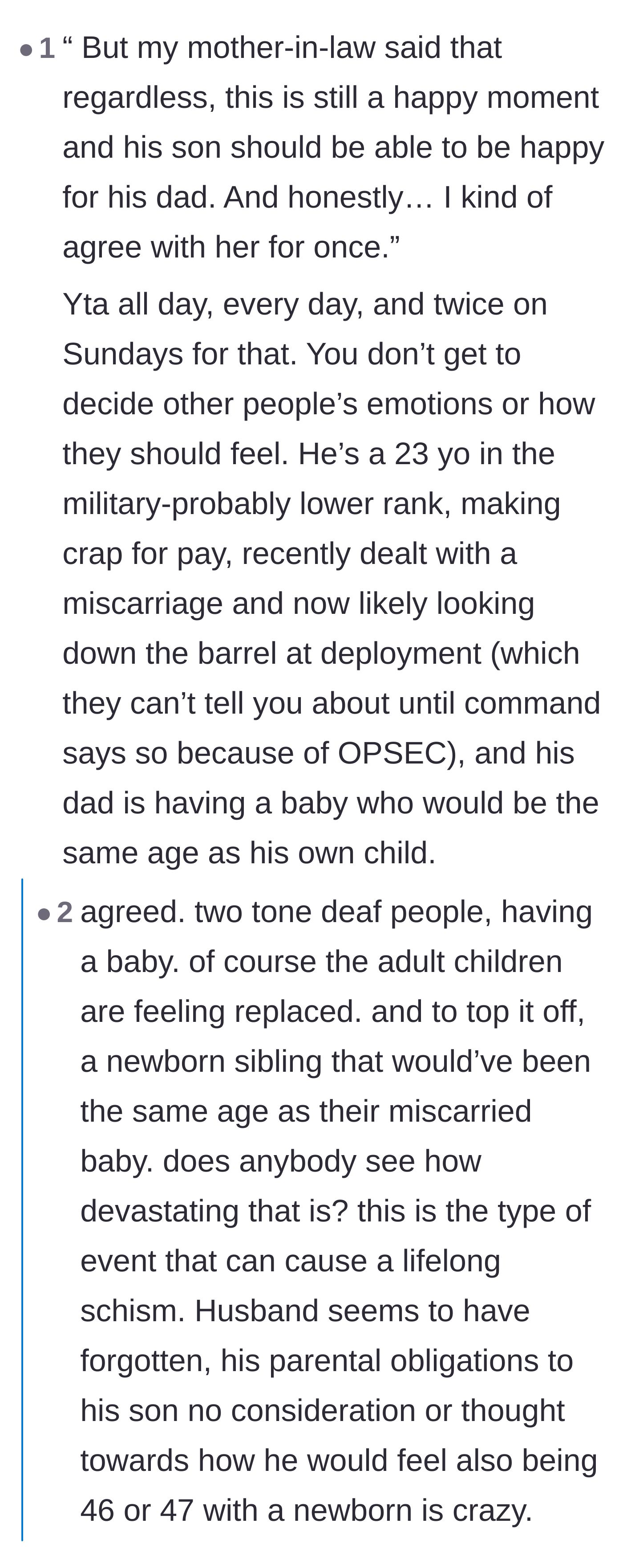 Comment thread 5 - Criticizing the author for agreeing with her mother-in-law's lack of empathy.
