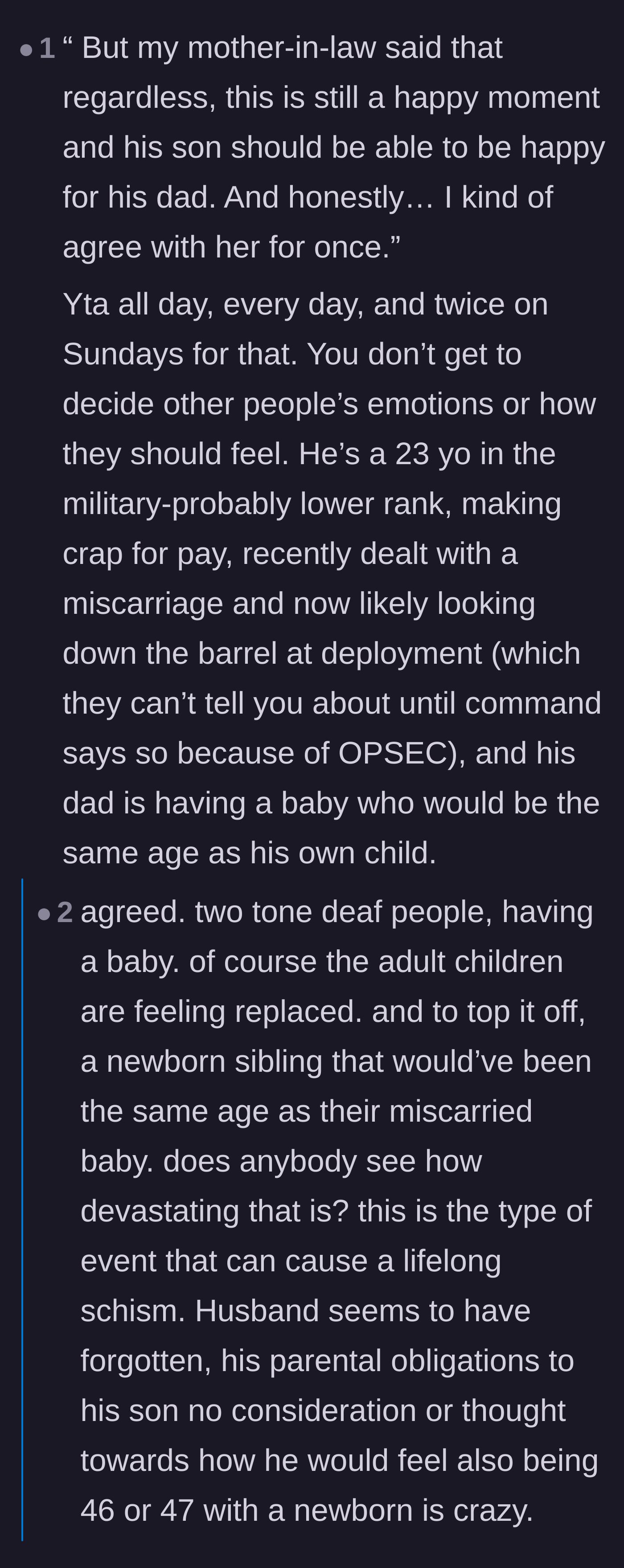 Comment thread 5 - Criticizing the author for agreeing with her mother-in-law's lack of empathy.