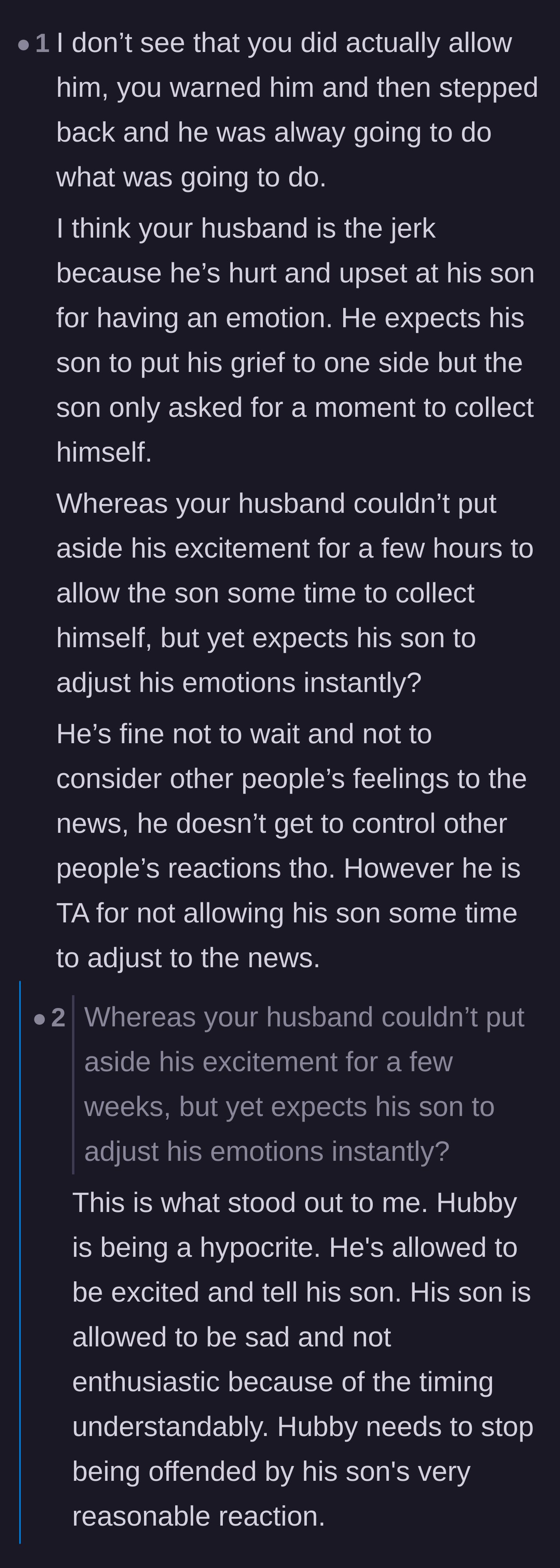 Comment thread 6 - Pointing out the father's hypocrisy regarding who gets to express their emotions.
