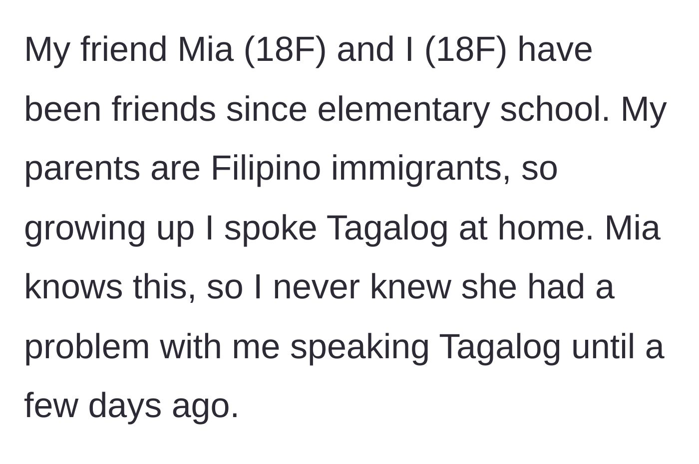 Story part 1 - Explaining the deep childhood friendship and the main character's Filipino background.