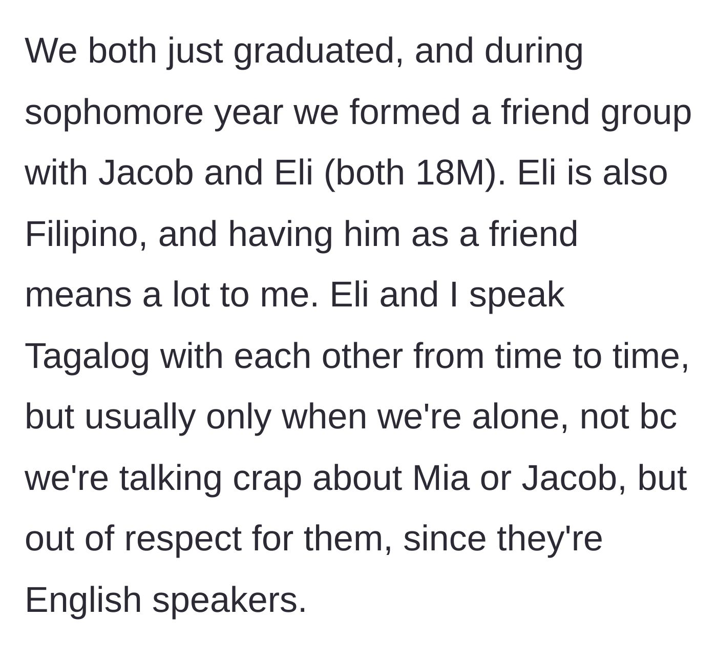 Story part 2 - Introducing the friend group and the boundary of only speaking Tagalog when alone.