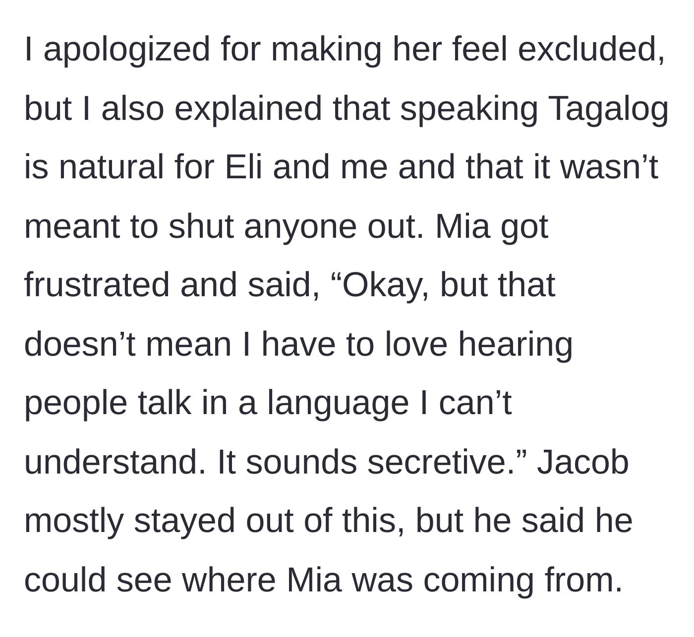 Story part 5 - The main character tries to apologize, but Mia doubles down on her insecurity.