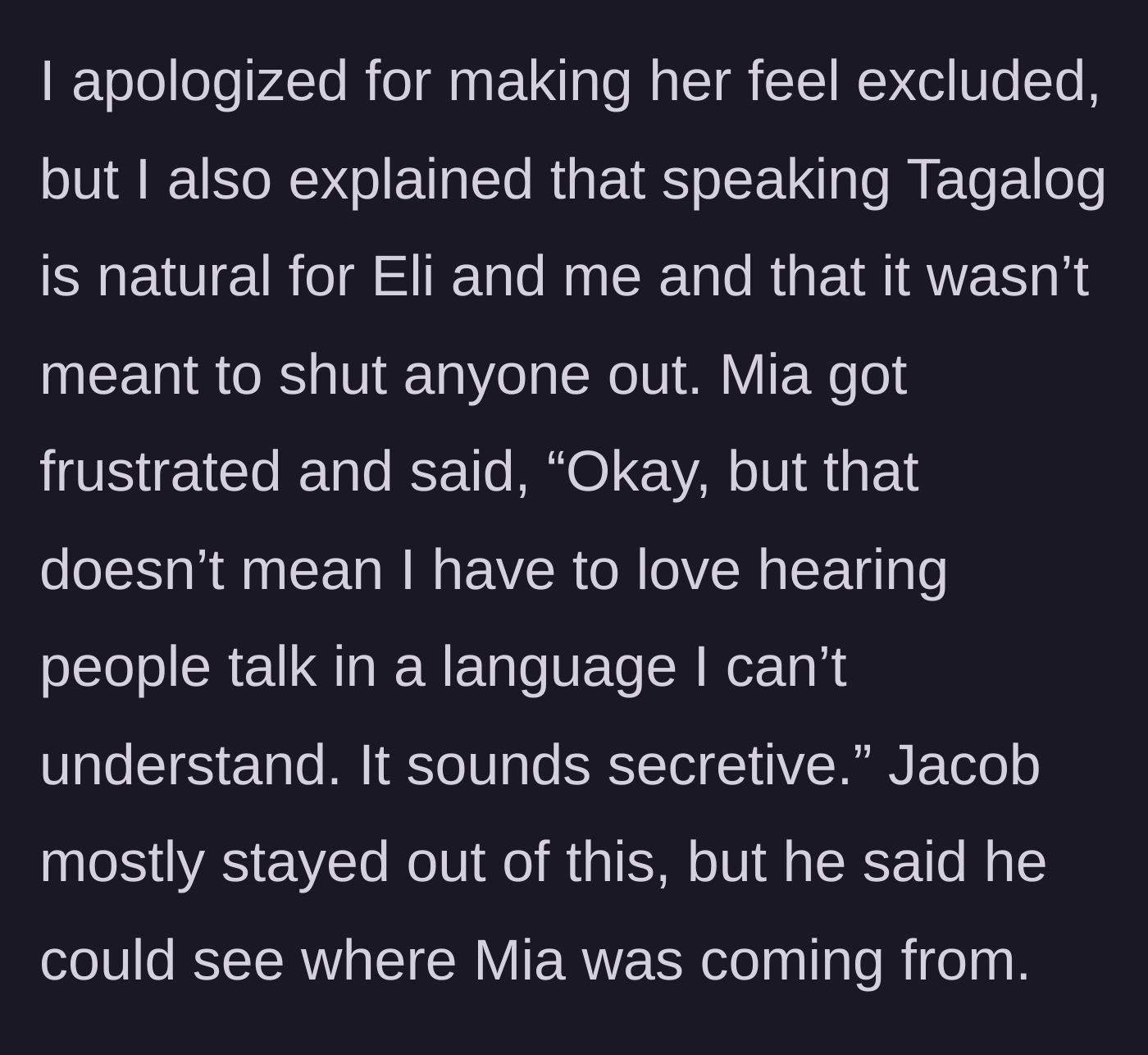 Story part 5 - The main character tries to apologize, but Mia doubles down on her insecurity.