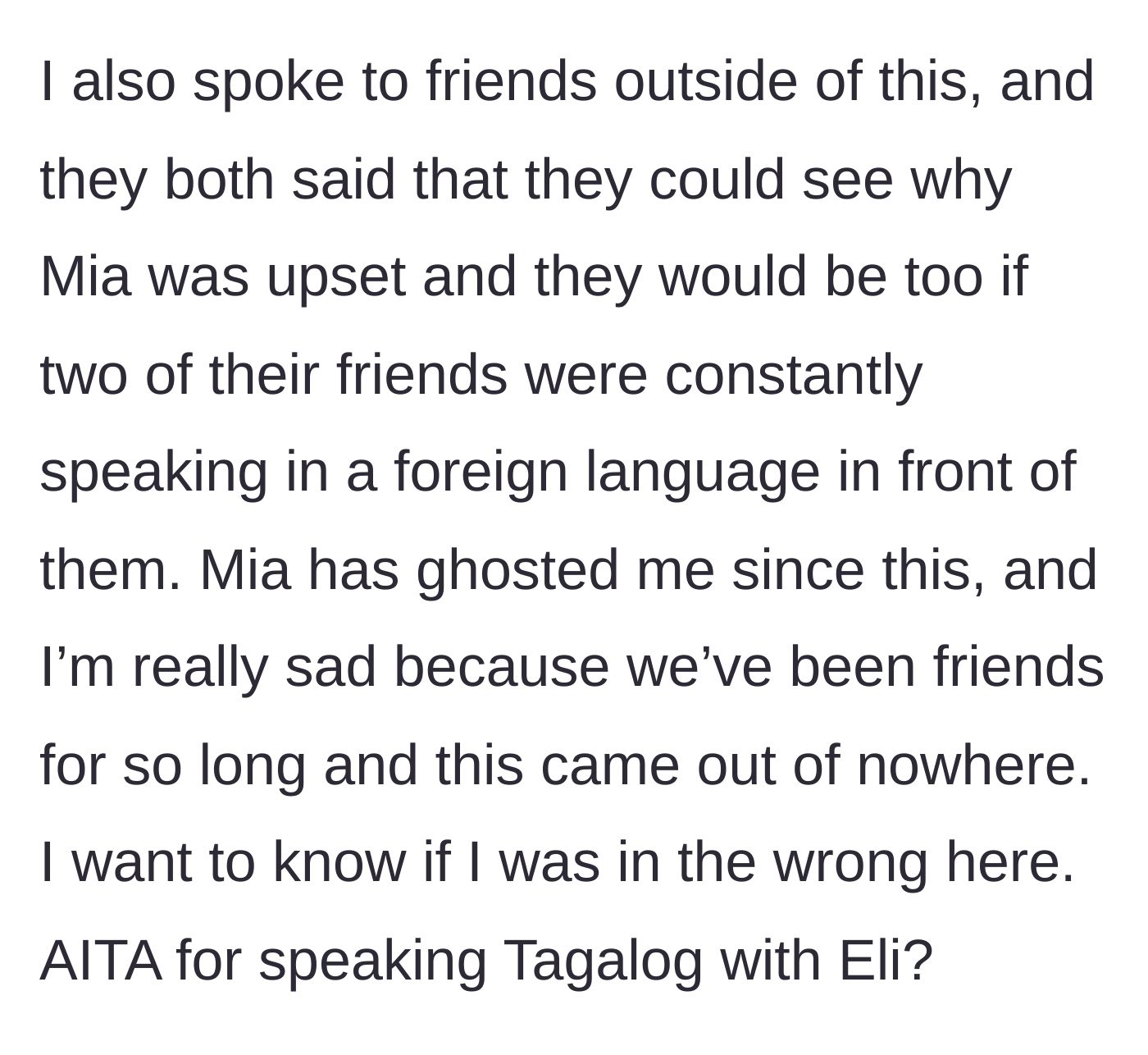 Story part 6 - Outside friends take Mia's side, leading to a heartbreaking ghosting.