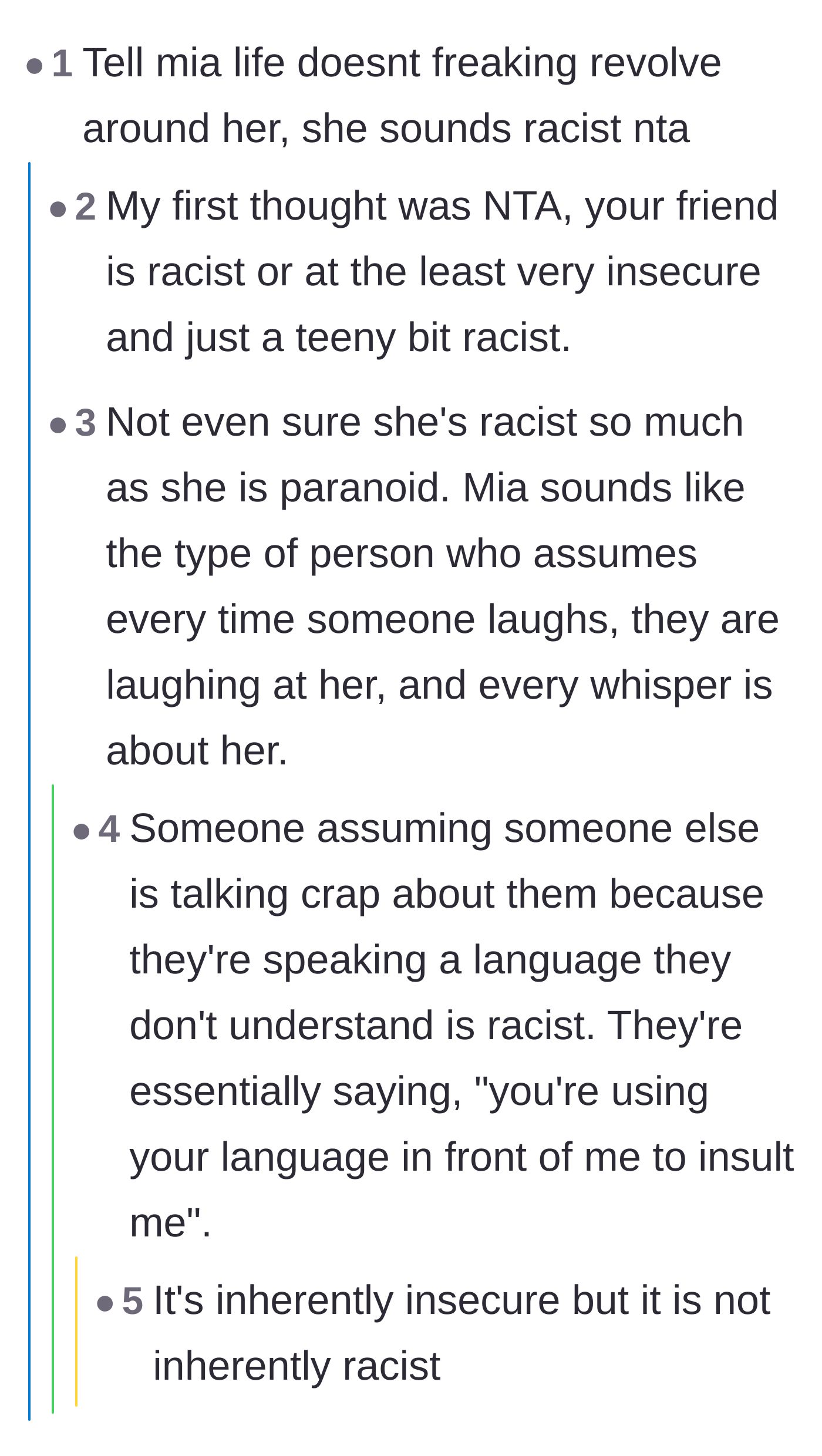 Comment thread 1 - A debate on whether Mia's assumptions stem from racism or deep-seated insecurity