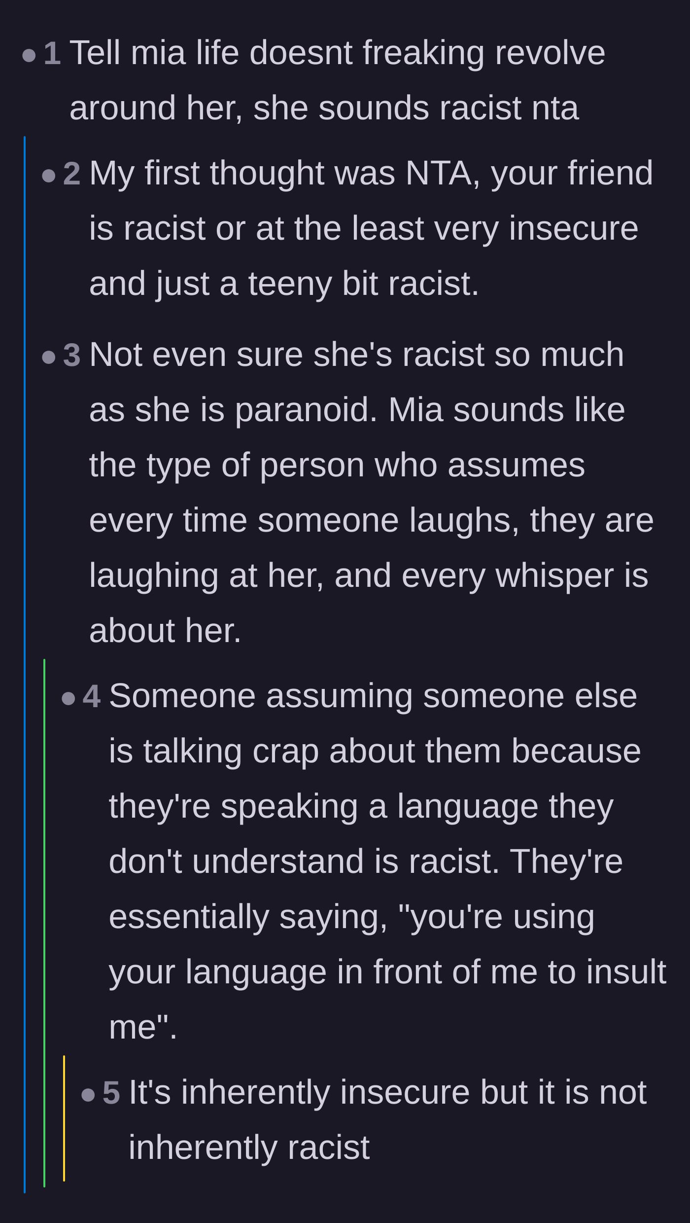 Comment thread 1 - A debate on whether Mia's assumptions stem from racism or deep-seated insecurity