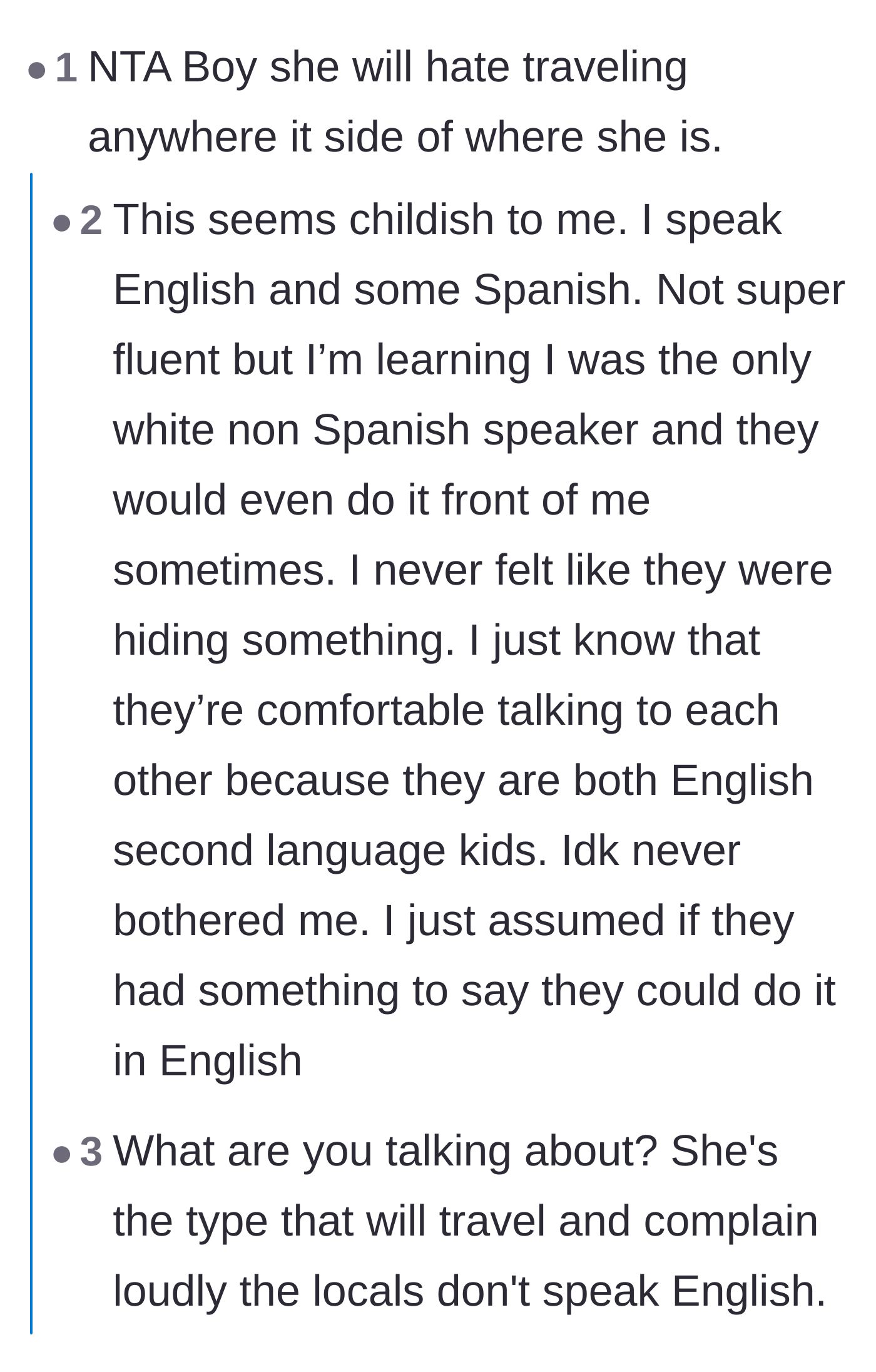 Comment thread 3 - Discussions calling out xenophobia and English speakers who expect to be accommodated everywhere