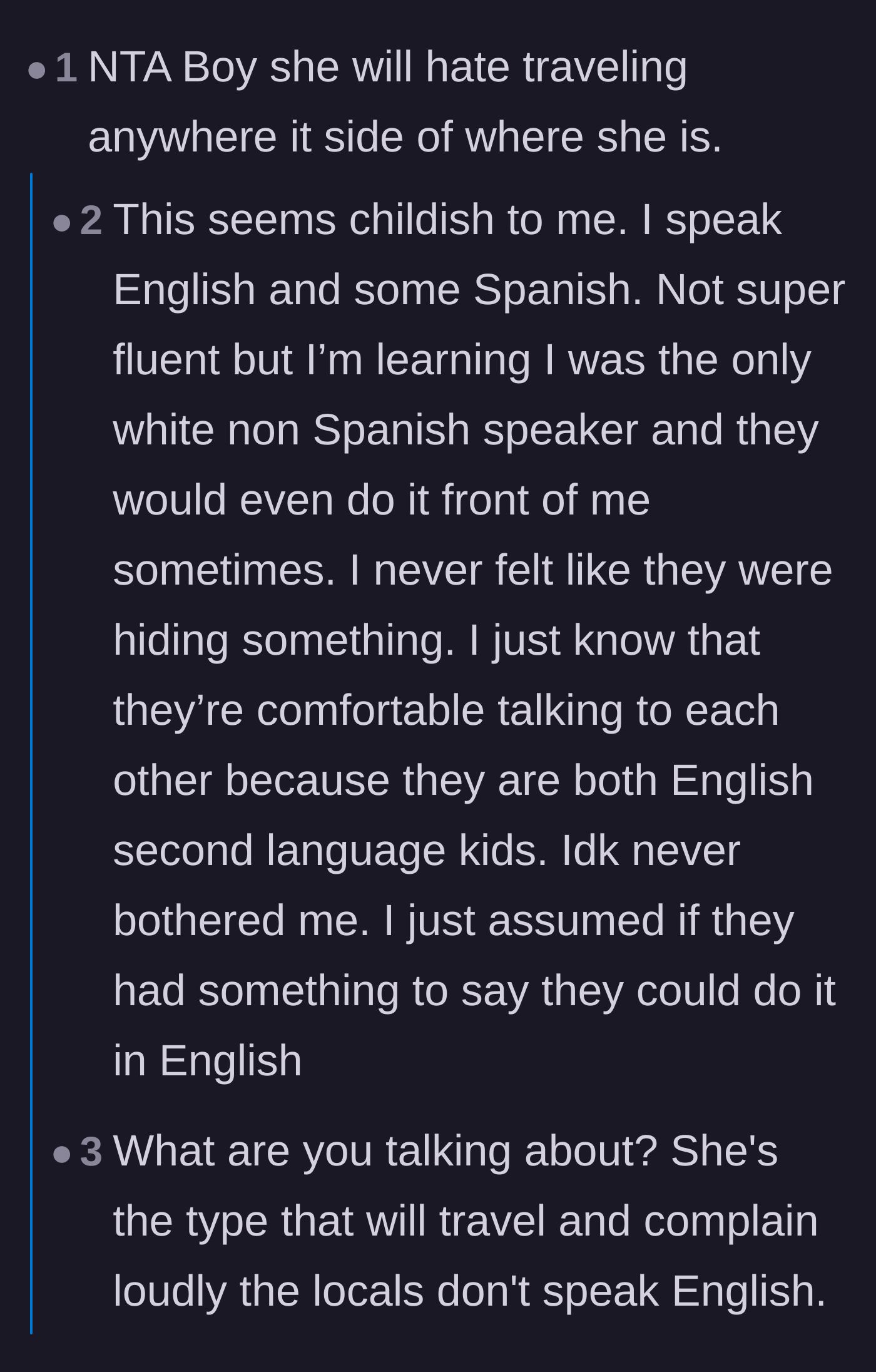 Comment thread 3 - Discussions calling out xenophobia and English speakers who expect to be accommodated everywhere