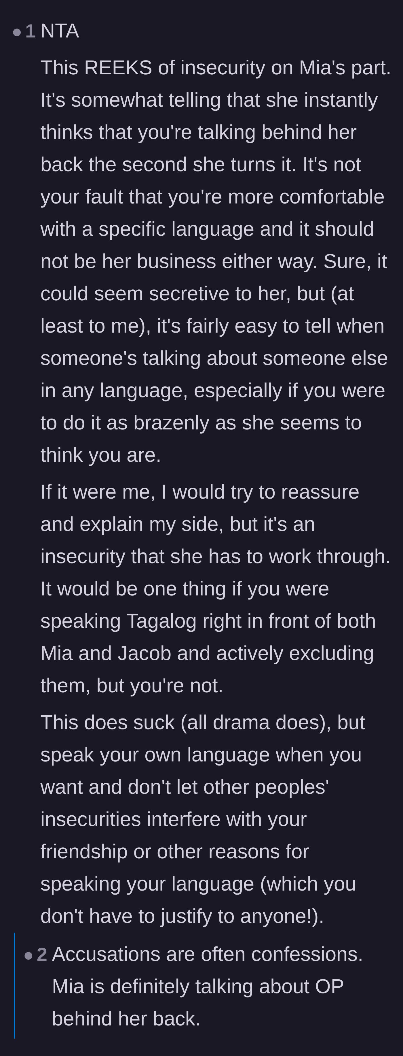 Comment thread 4 - A realization that Mia's quick accusations might actually be a confession of her own gossiping behavior