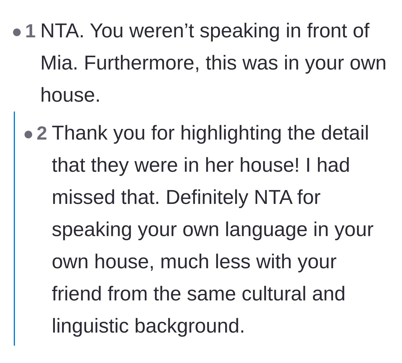 Comment thread 5 - Highlighting the crucial detail that OP was speaking her native language inside her own home