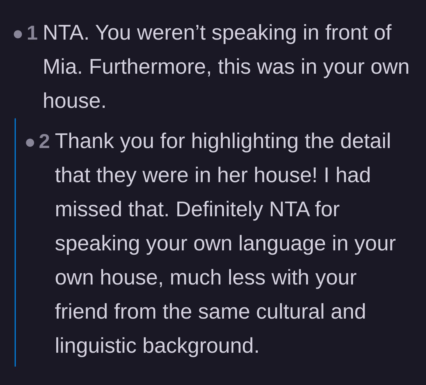 Comment thread 5 - Highlighting the crucial detail that OP was speaking her native language inside her own home