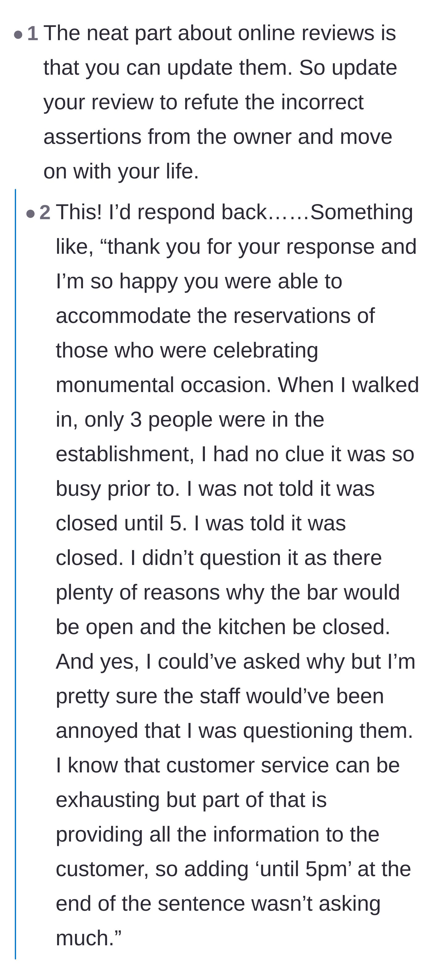 Comment thread 1 - Readers suggesting the customer update their review to expose the owner's fabricated conversation