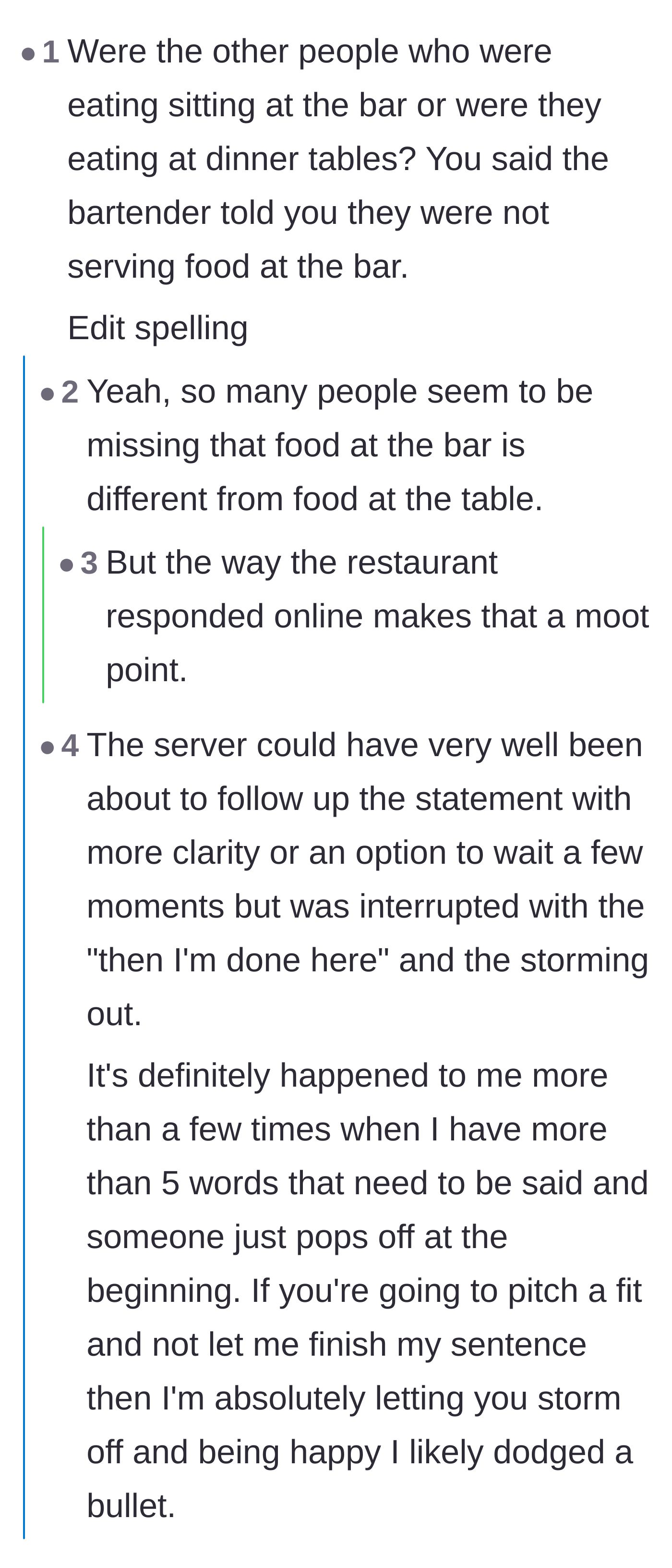 Comment thread 4 - Debate over whether restaurants have different service rules for the bar versus a dining table