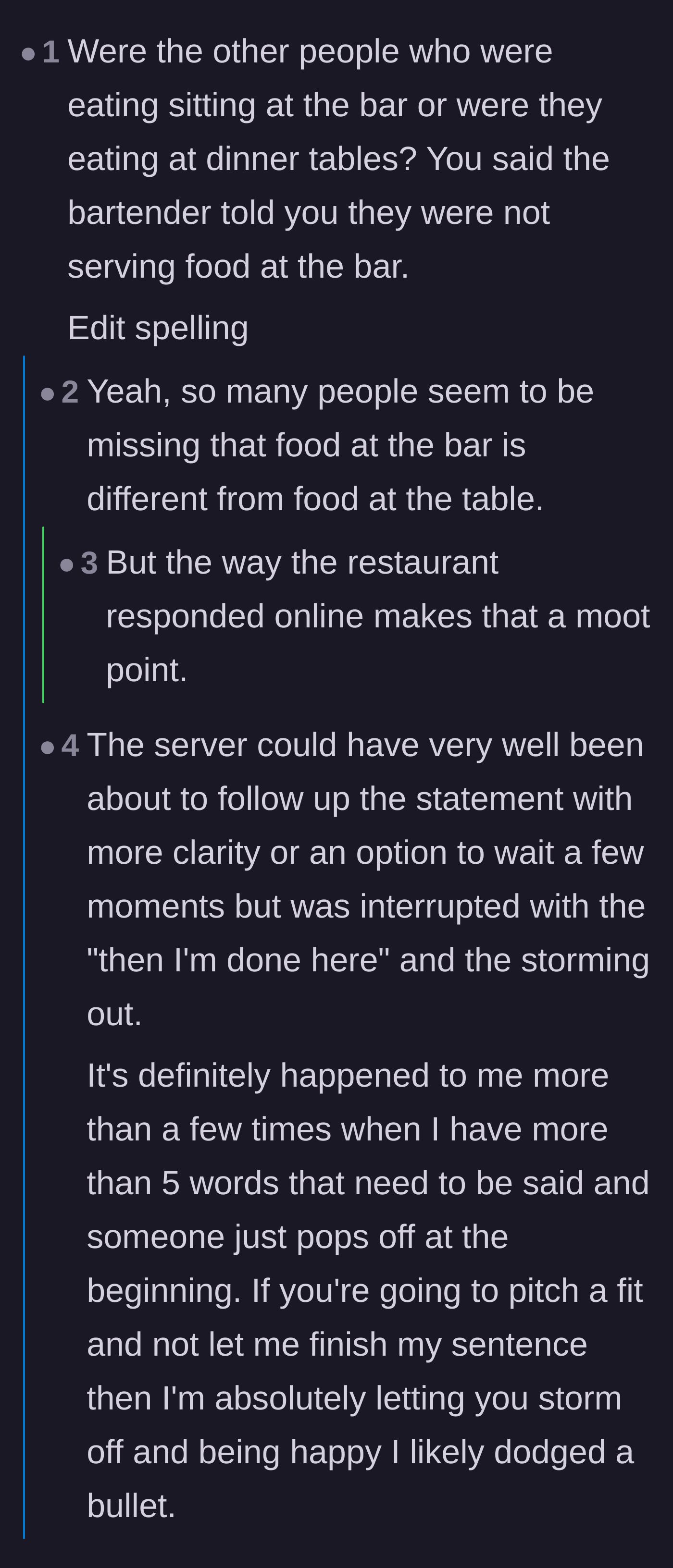 Comment thread 4 - Debate over whether restaurants have different service rules for the bar versus a dining table