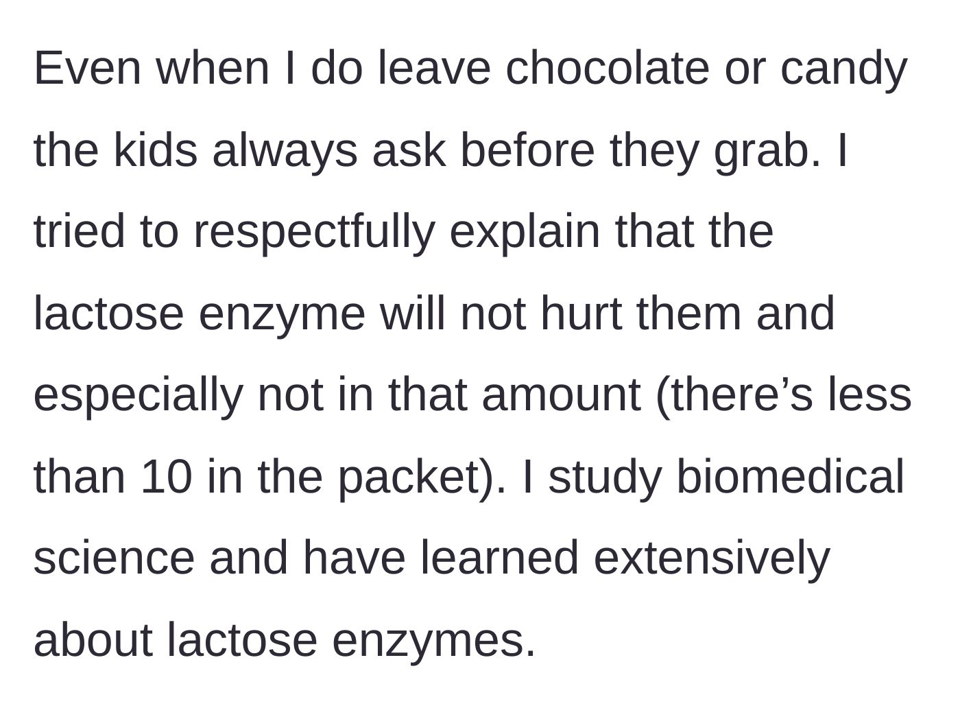 Story part 3 - The main character attempts to explain the harmless nature of the enzyme using her biomedical science background.