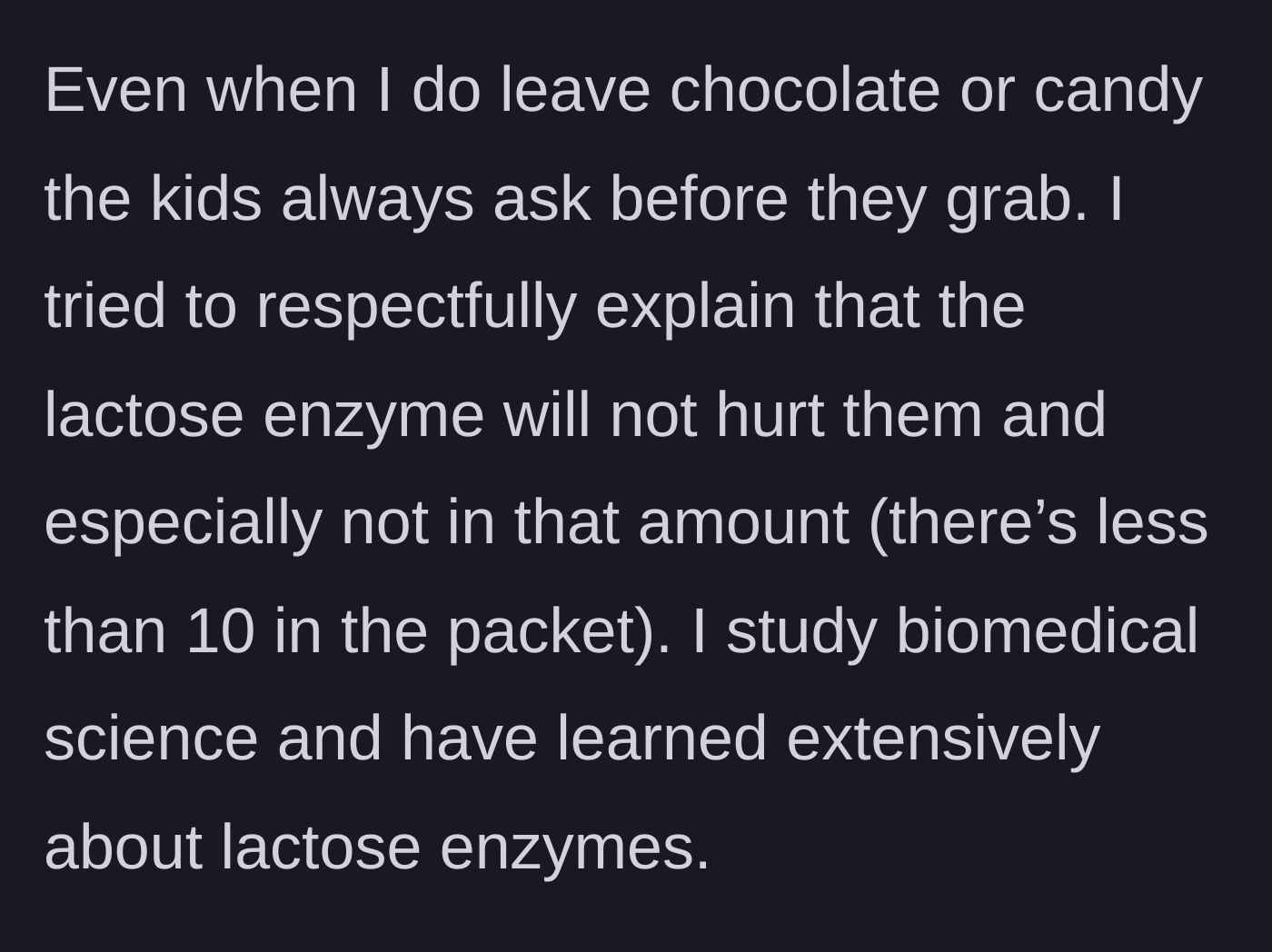 Story part 3 - The main character attempts to explain the harmless nature of the enzyme using her biomedical science background.