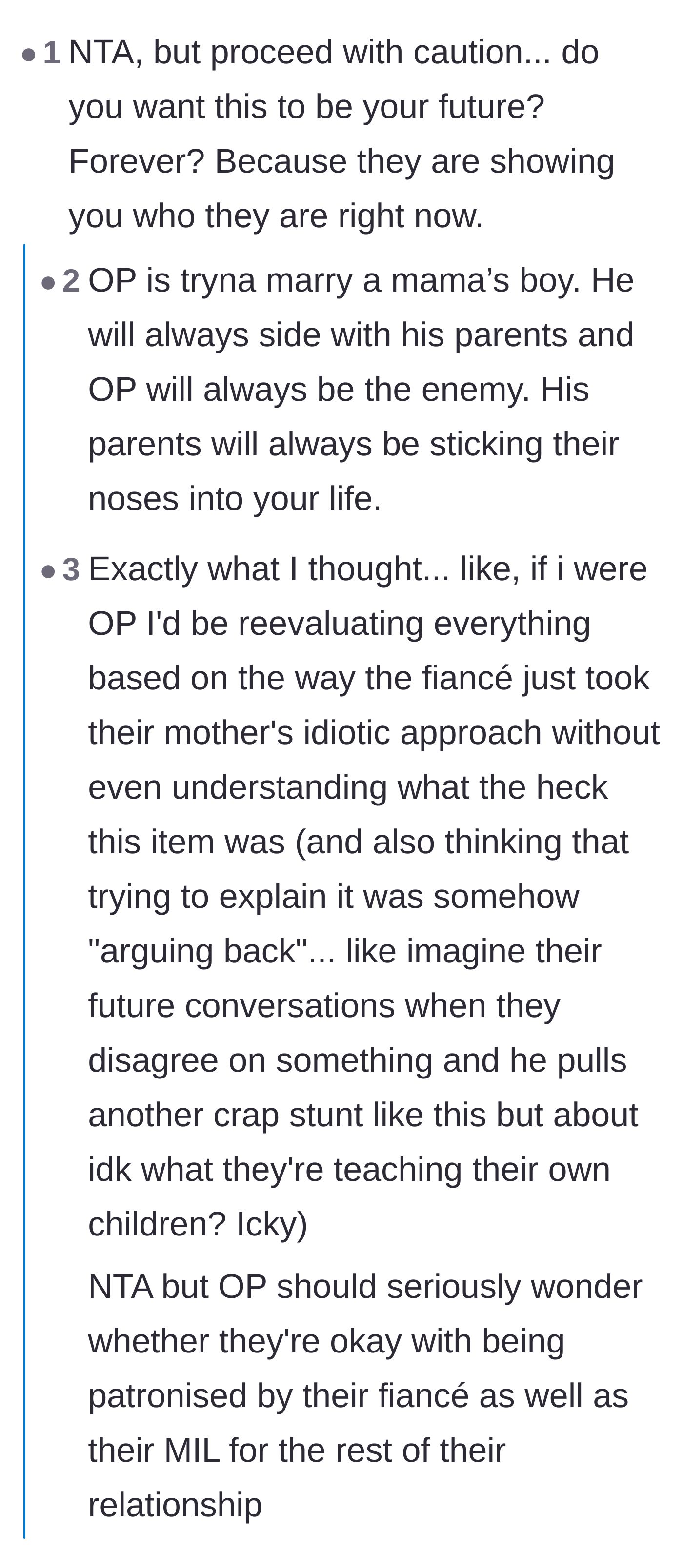 Comment thread 1 - Readers warn the main character about marrying a mama's boy who prioritizes his mother's feelings over facts.