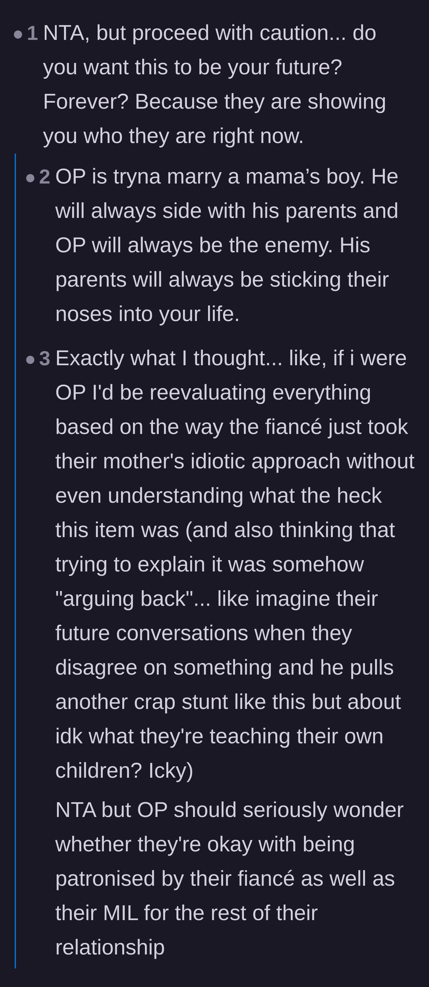 Comment thread 1 - Readers warn the main character about marrying a mama's boy who prioritizes his mother's feelings over facts.