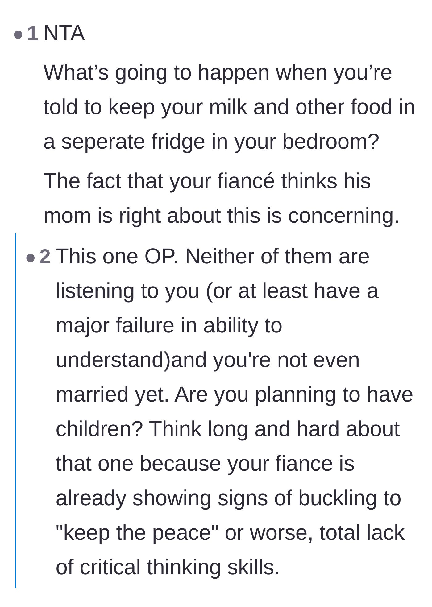 Comment thread 6 - Warnings about the fiancé's lack of critical thinking and how it bodes terribly for raising future children.
