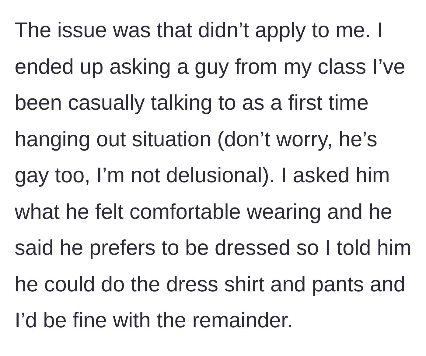 Story part 3 - The main character asking his date about outfit preferences and sacrificing his own comfort.