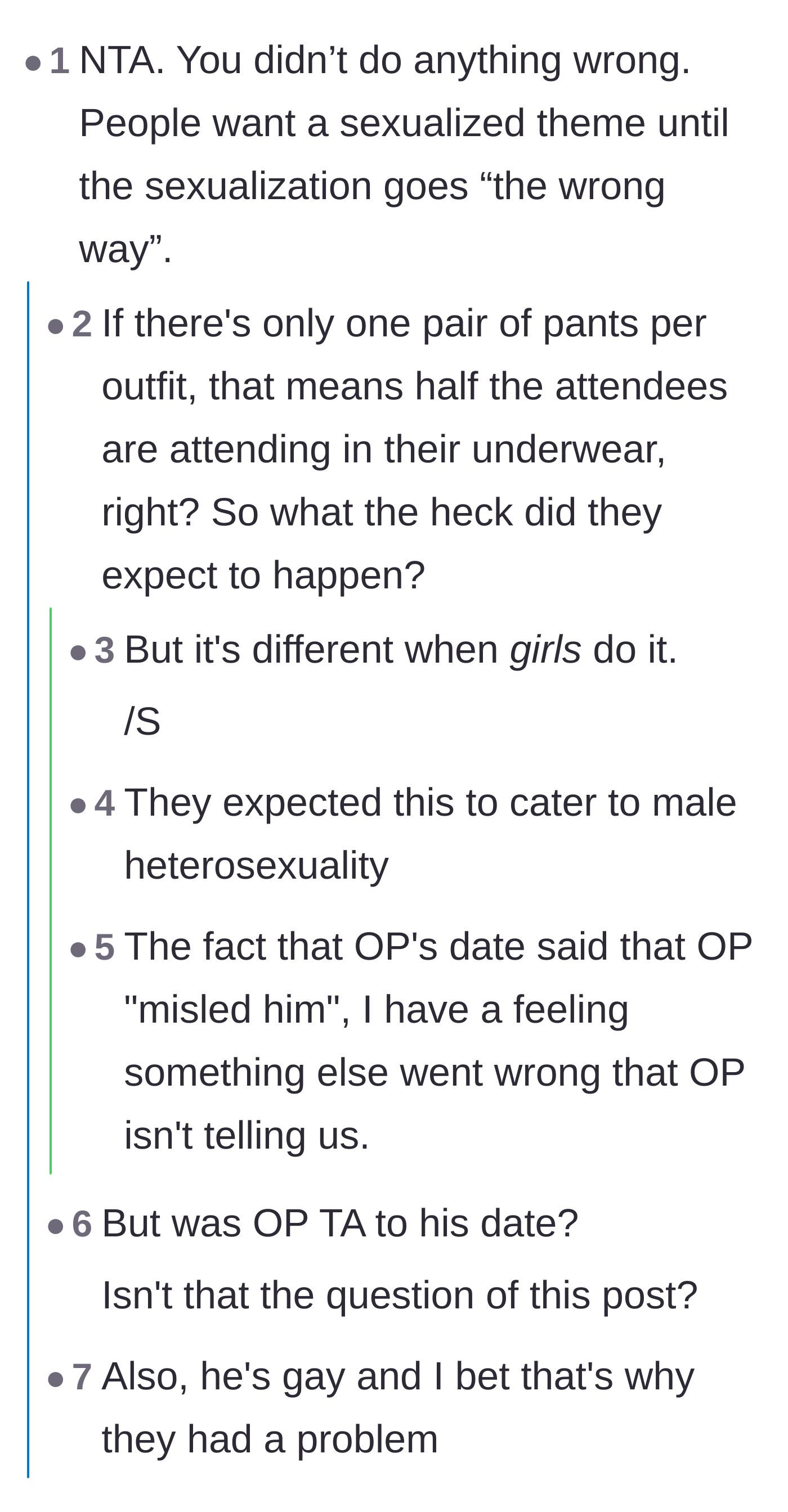 Comment thread 1 - Debate about how the party's sexualized theme was entirely designed for the straight male gaze.
