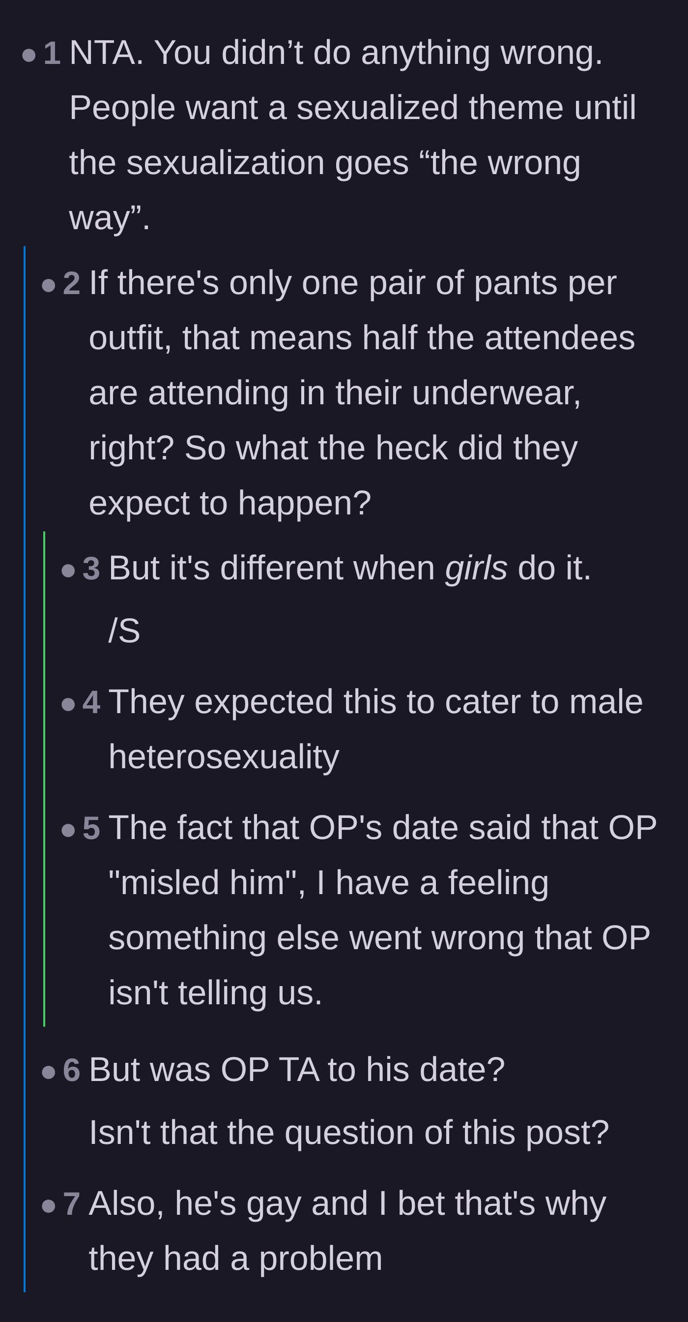 Comment thread 1 - Debate about how the party's sexualized theme was entirely designed for the straight male gaze.