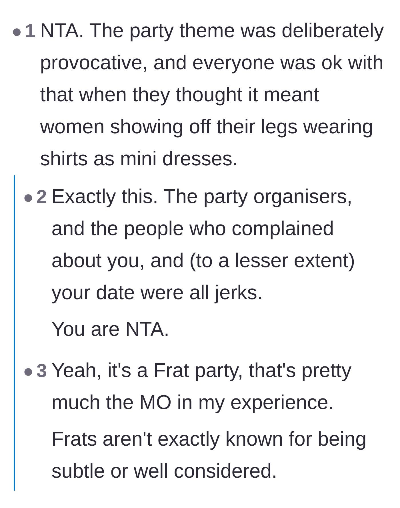 Comment thread 2 - Discussion calling out the party organizers, the complaining girlfriend, and the unsupportive date.