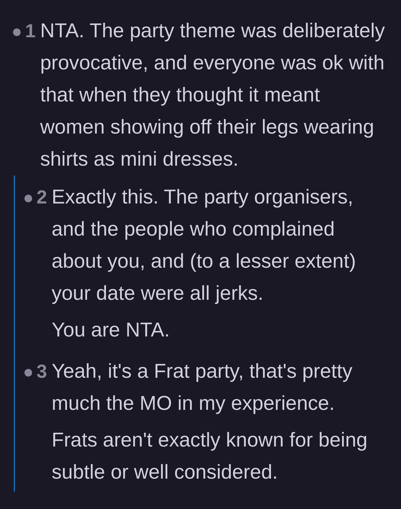 Comment thread 2 - Discussion calling out the party organizers, the complaining girlfriend, and the unsupportive date.