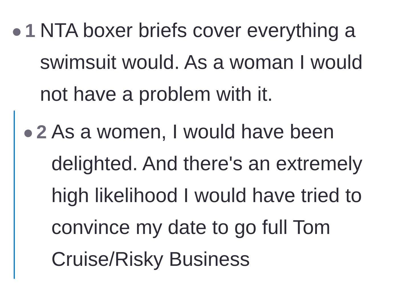 Comment thread 3 - Pointing out that boxer briefs cover just as much skin as a standard men's swimsuit.