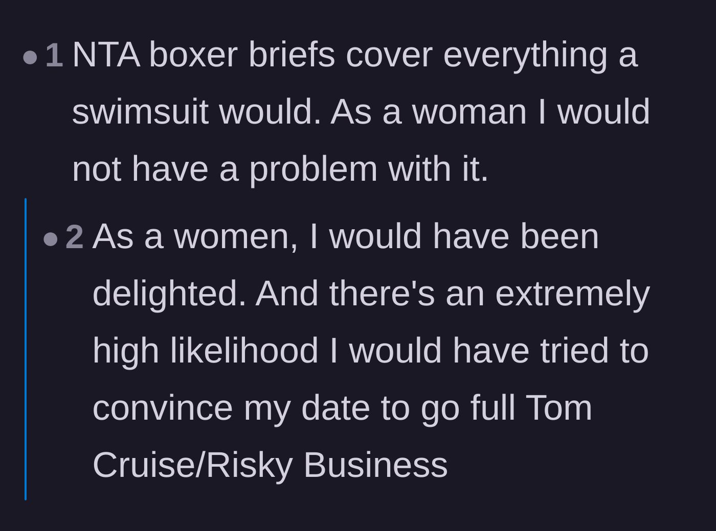 Comment thread 3 - Pointing out that boxer briefs cover just as much skin as a standard men's swimsuit.