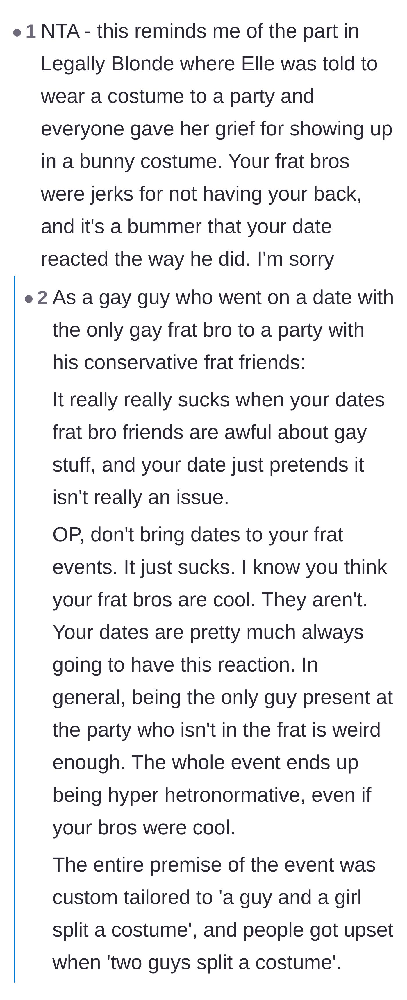 Comment thread 4 - A gay former frat member sharing the painful reality of bringing a date into a hyper-heteronormative space.