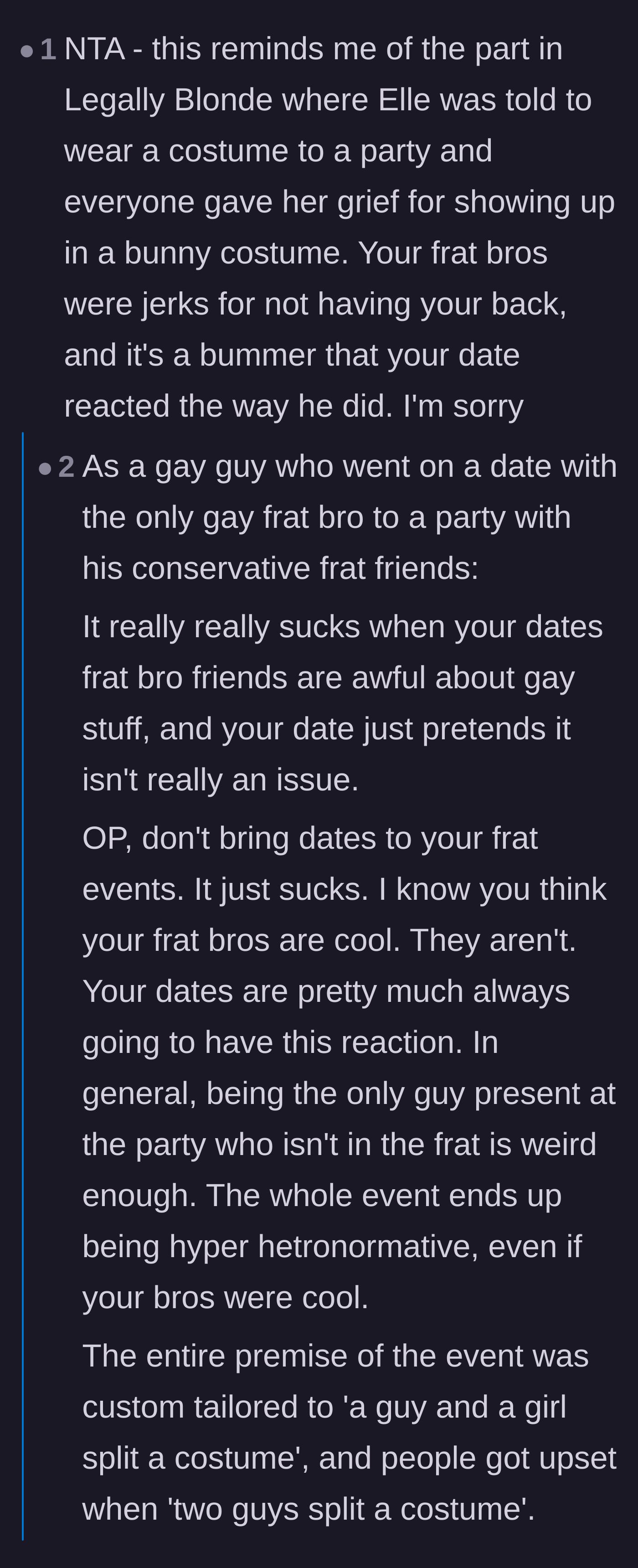 Comment thread 4 - A gay former frat member sharing the painful reality of bringing a date into a hyper-heteronormative space.