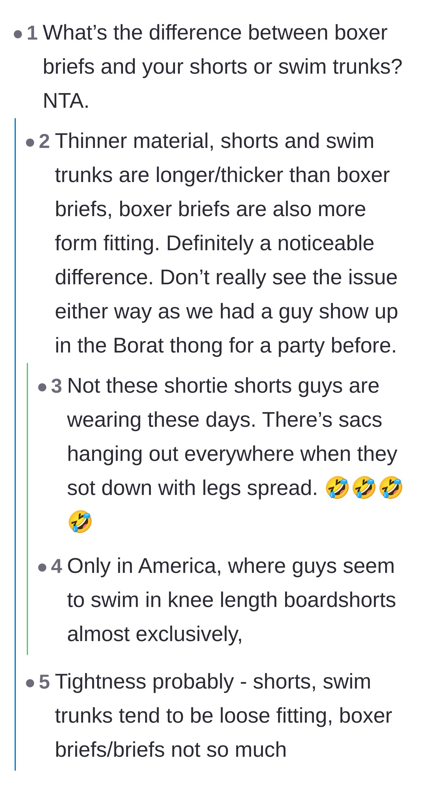 Comment thread 5 - A debate about the physical differences in fabric between boxer briefs and swim trunks.