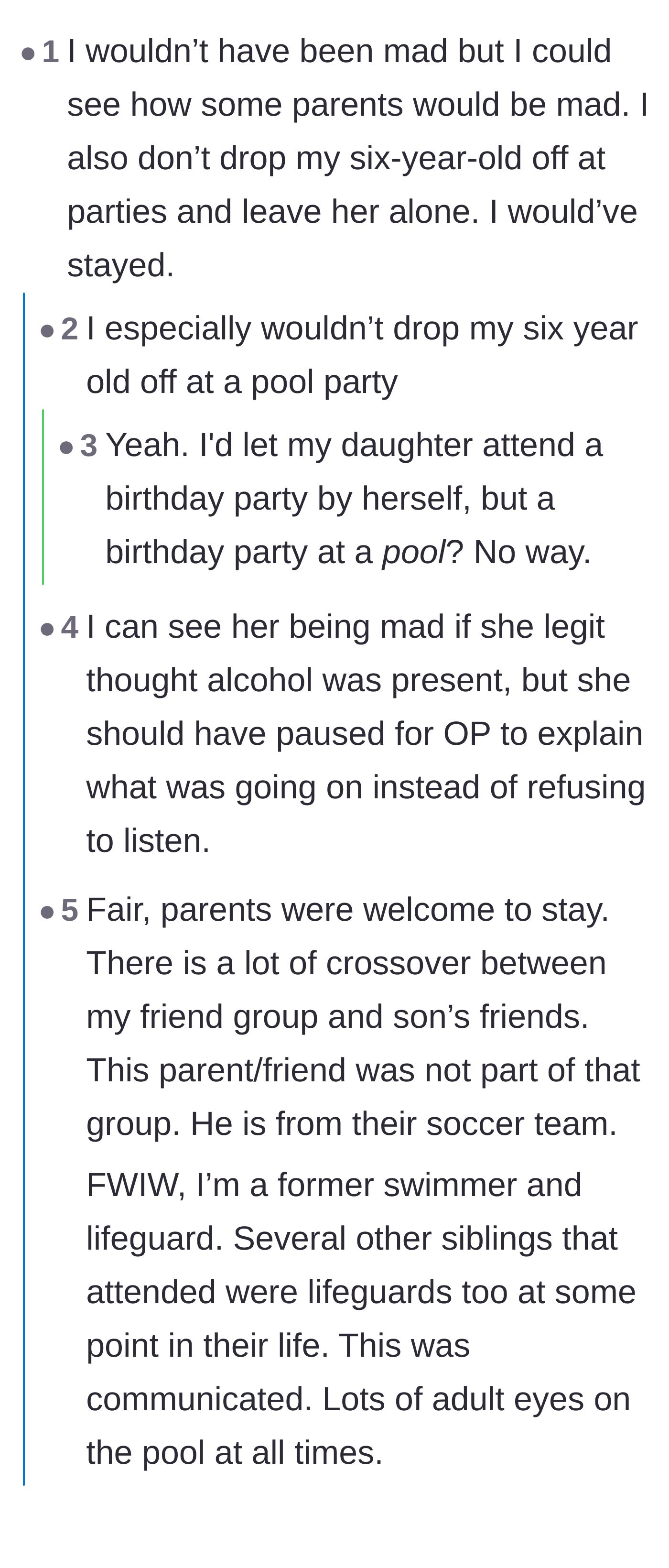 Comment thread 2 - Readers discussing the real danger of dropping a six-year-old off unattended at a pool party.