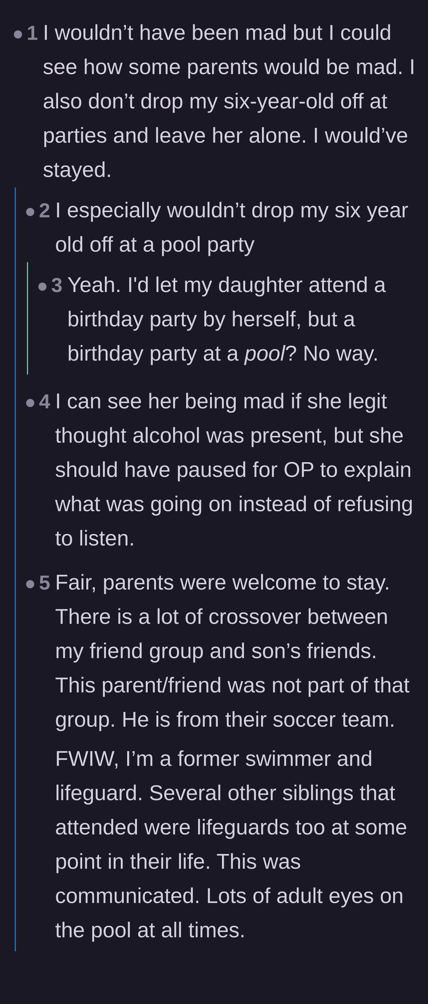 Comment thread 2 - Readers discussing the real danger of dropping a six-year-old off unattended at a pool party.