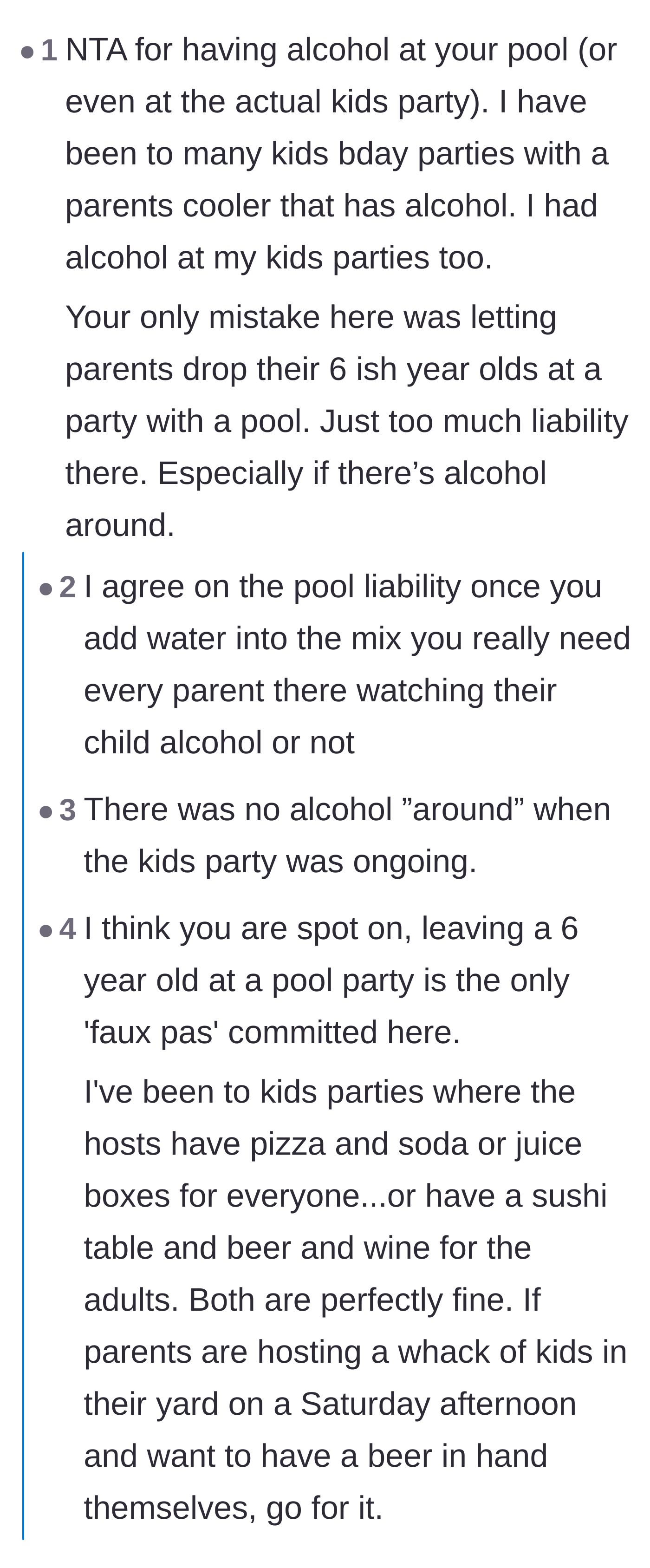 Comment thread 3 - A debate about the bad optics of overlapping parties and the liability of unsupervised kids at a pool.