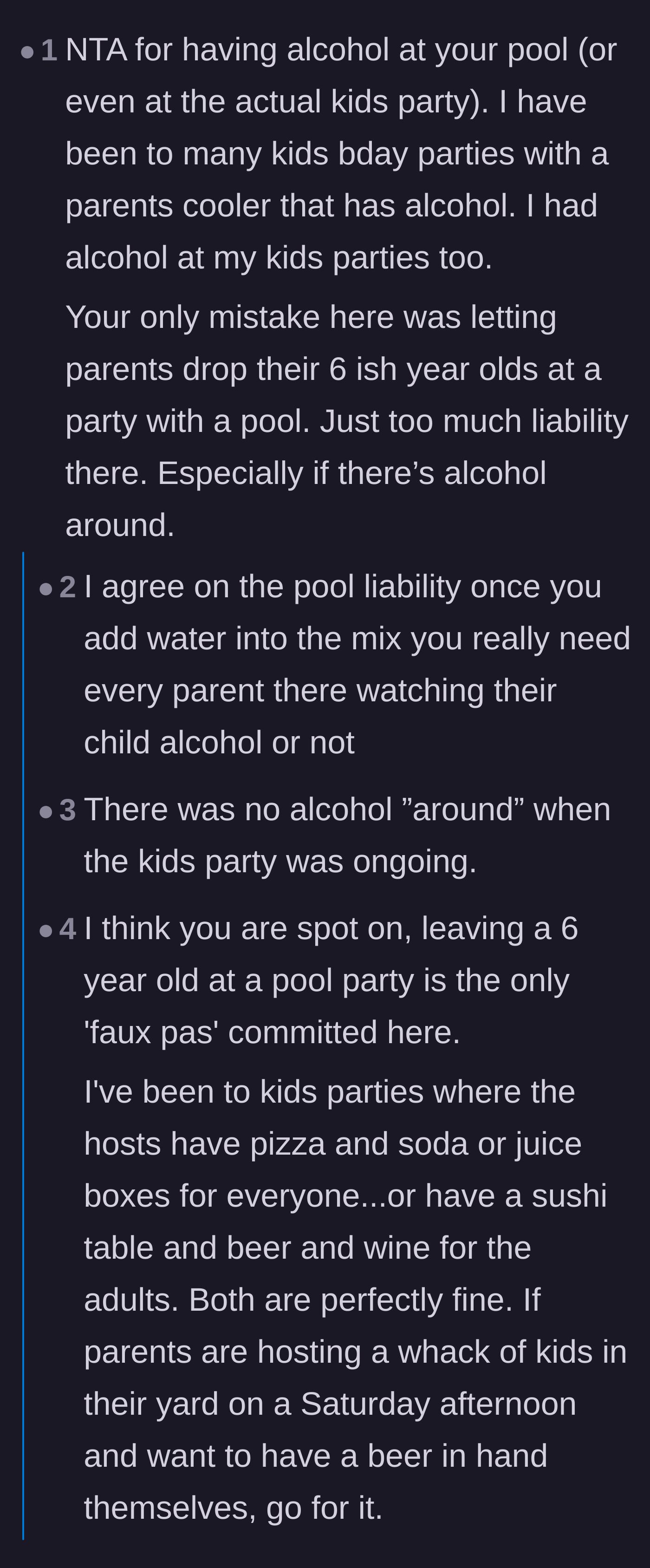Comment thread 3 - A debate about the bad optics of overlapping parties and the liability of unsupervised kids at a pool.