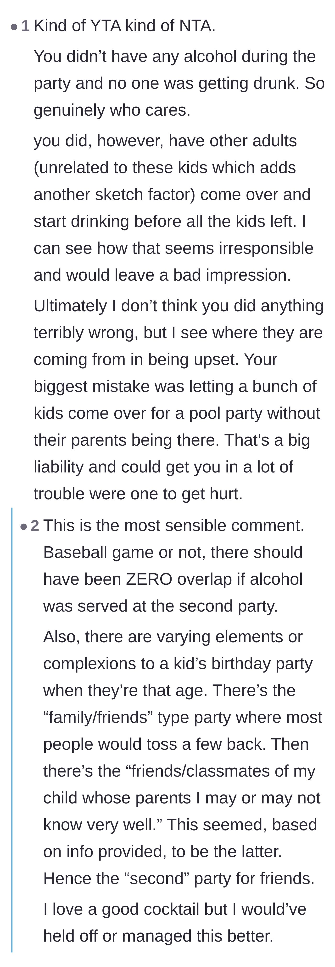 Comment thread 4 - An argument about whether it's creepy for childless adults to be at a house while a kids' party is finishing up.