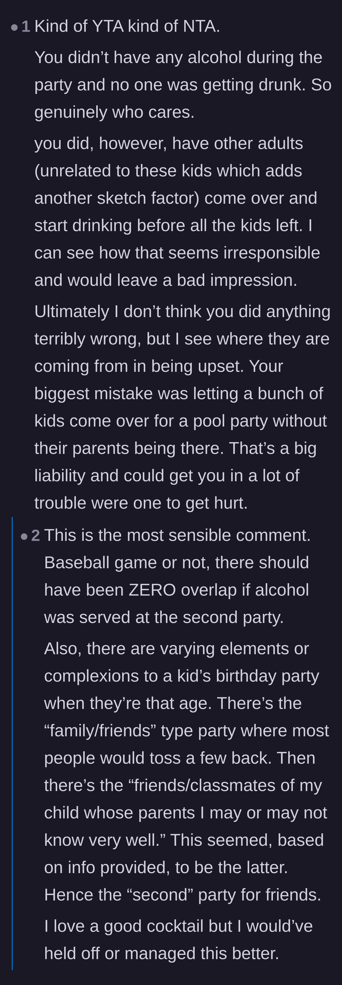 Comment thread 4 - An argument about whether it's creepy for childless adults to be at a house while a kids' party is finishing up.