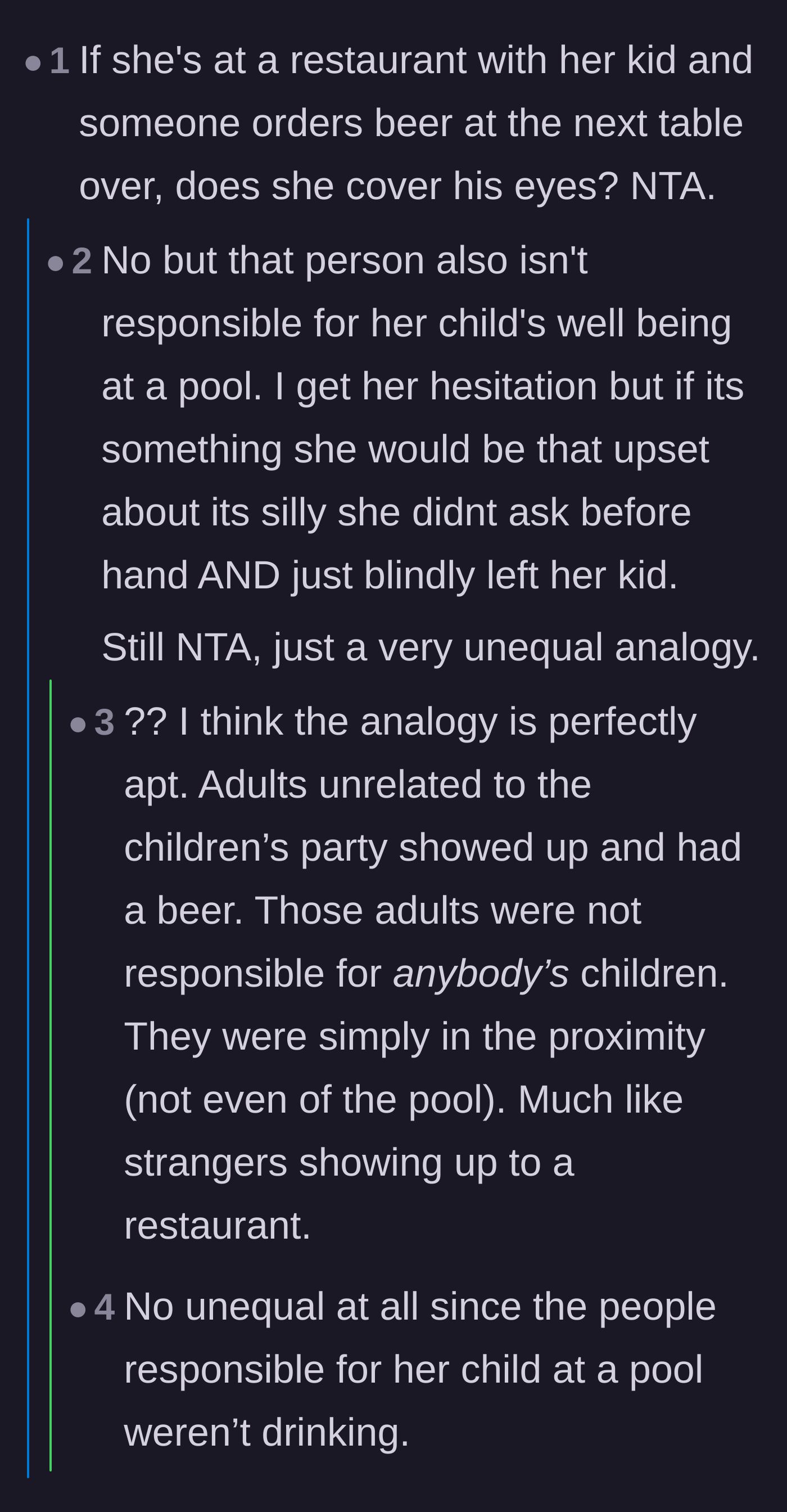 Comment thread 6 - A spot-on analogy comparing the party's adult guests to strangers ordering a beer at a restaurant table next door.