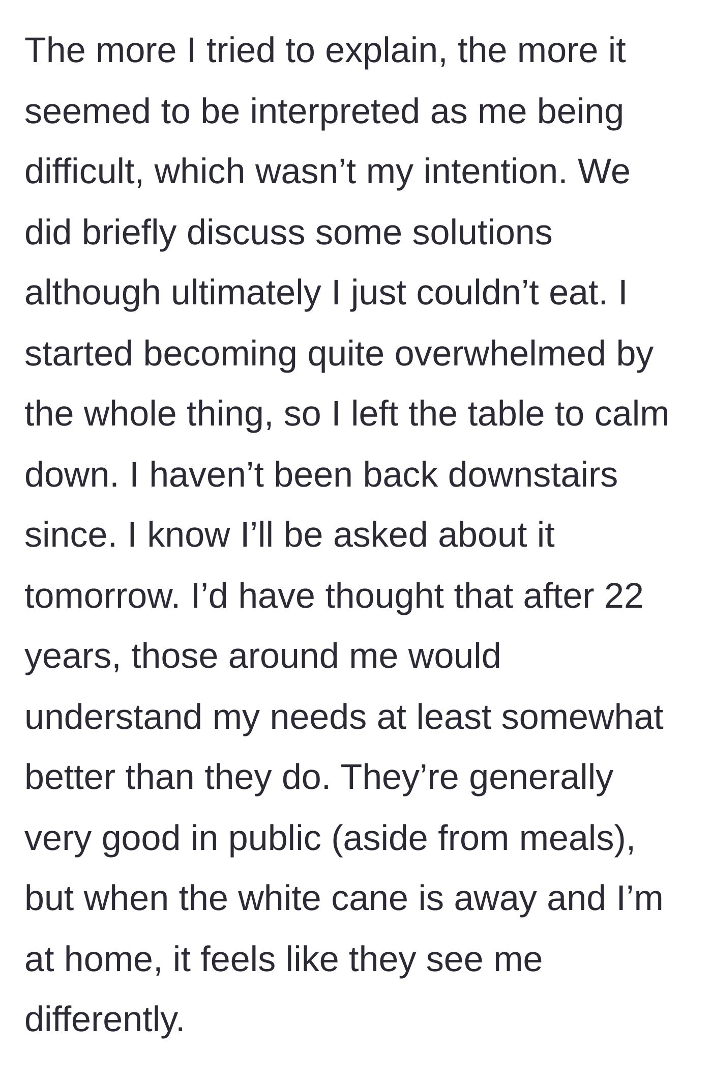 Story part 4 - Overwhelmed by the misunderstanding, he leaves the table to calm down upstairs.