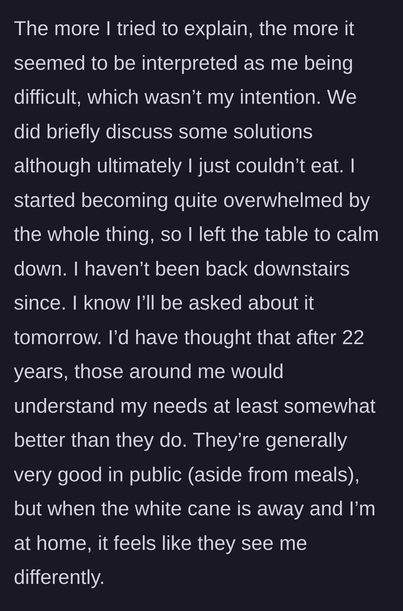 Story part 4 - Overwhelmed by the misunderstanding, he leaves the table to calm down upstairs.