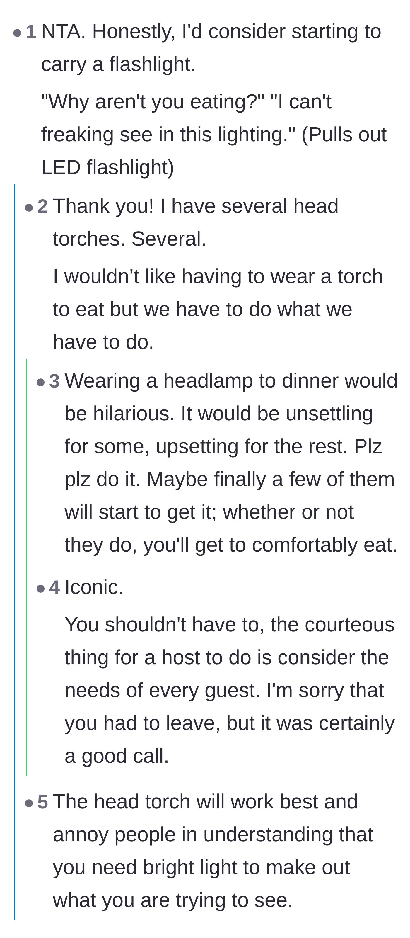 Comment thread 1 - Commenters jokingly suggest wearing a bright LED head torch to dinner to make a point.