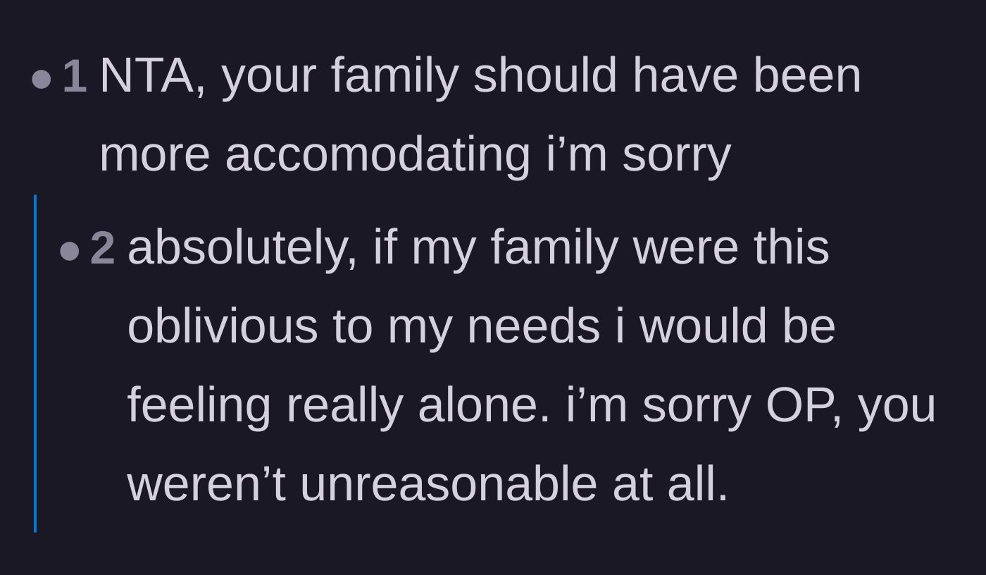 Comment thread 3 - Validation that the original poster wasn't unreasonable and the family should have accommodated him.