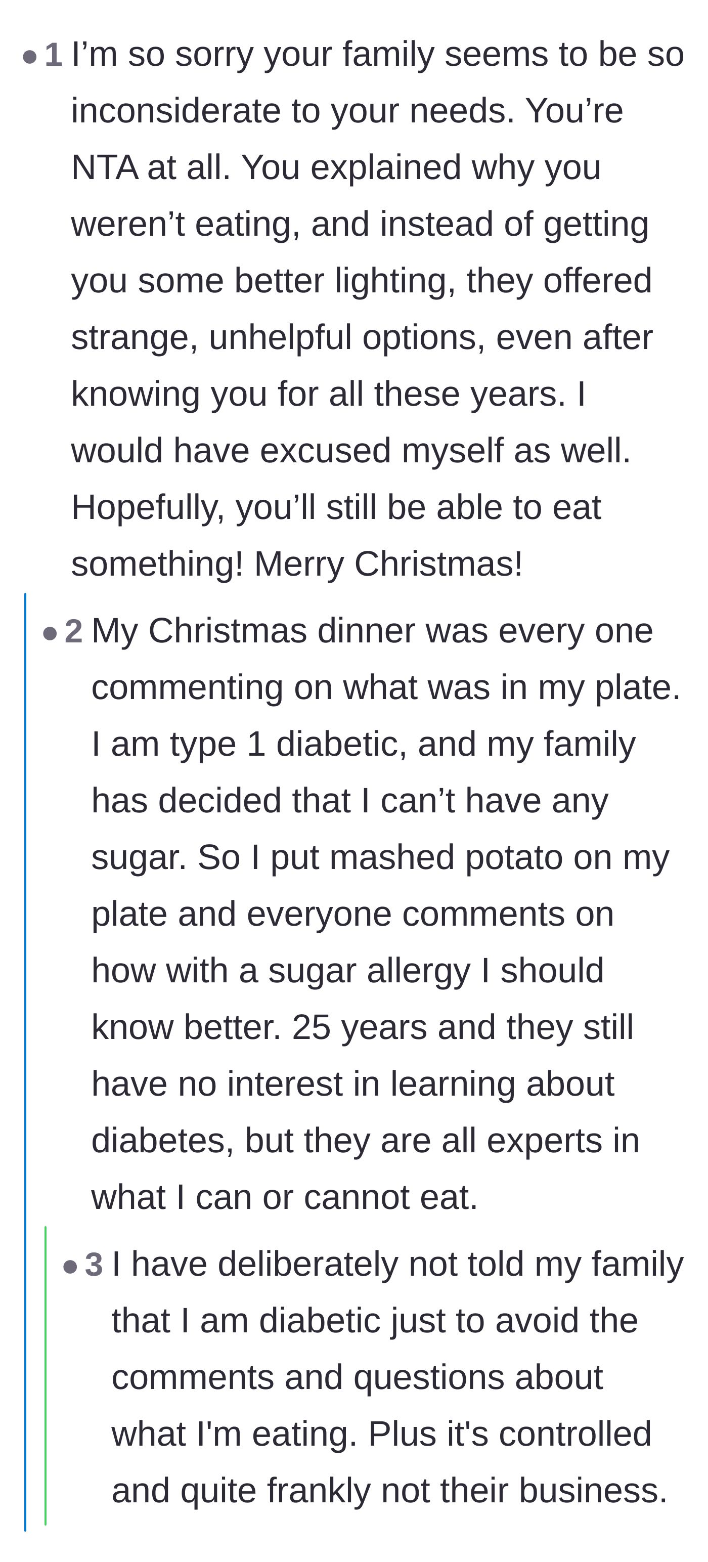 Comment thread 4 - A diabetic commenter shares their own absurd story of family members policing their diet due to a made-up sugar allergy.