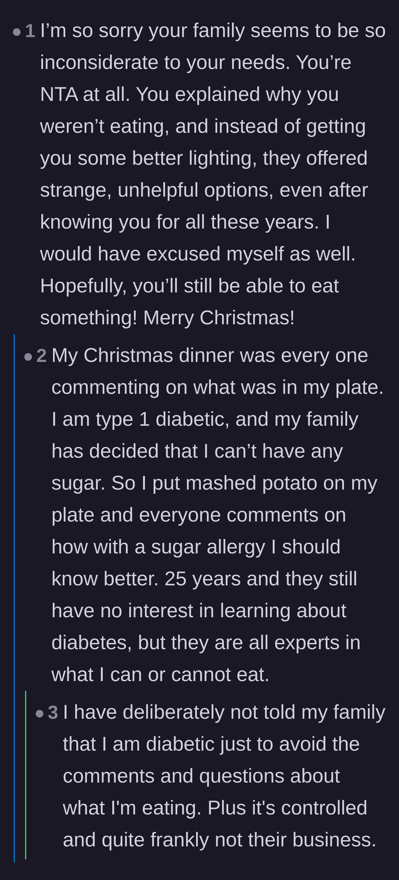 Comment thread 4 - A diabetic commenter shares their own absurd story of family members policing their diet due to a made-up sugar allergy.
