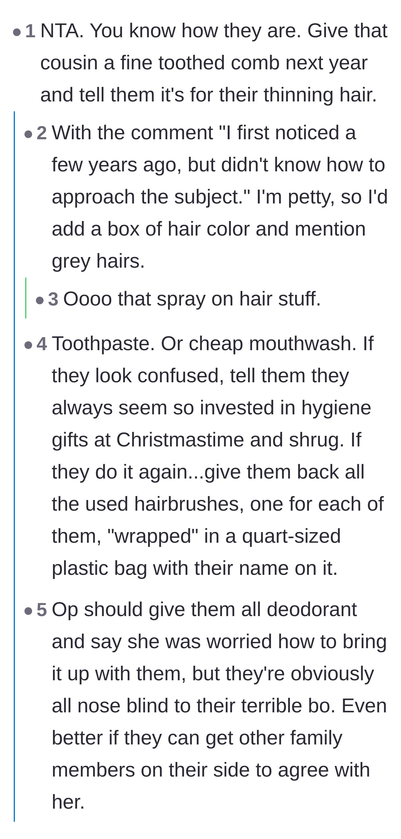 Comment thread 3 - Brainstorming hilariously petty revenge gifts like hygiene products or anti-aging spray to give back to the cousin.