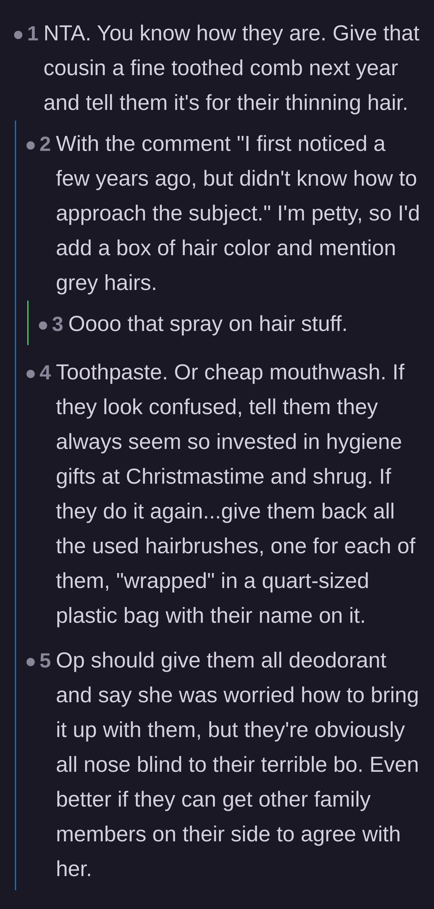 Comment thread 3 - Brainstorming hilariously petty revenge gifts like hygiene products or anti-aging spray to give back to the cousin.